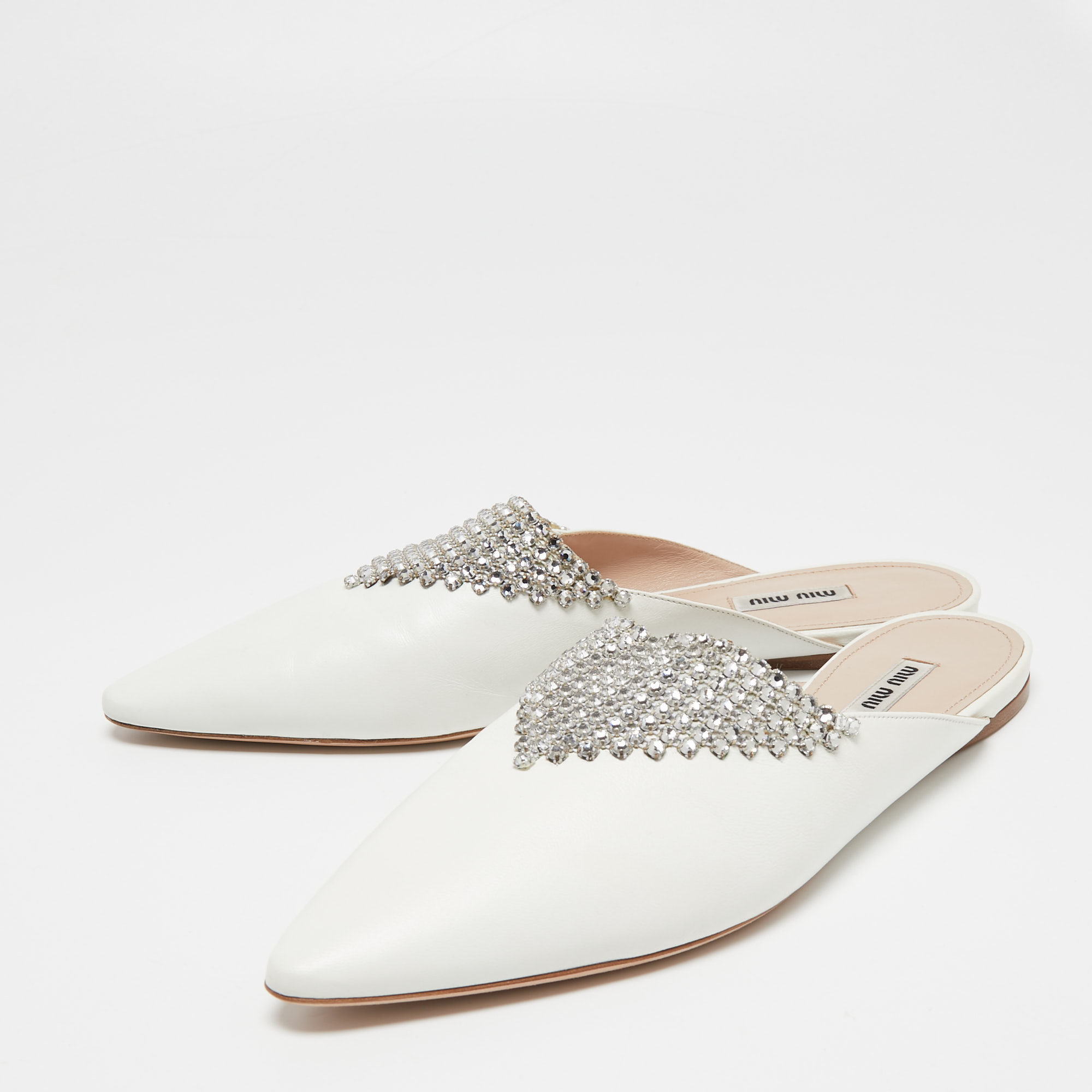 

Miu Miu White Leather Crystal Embellished Mules Size