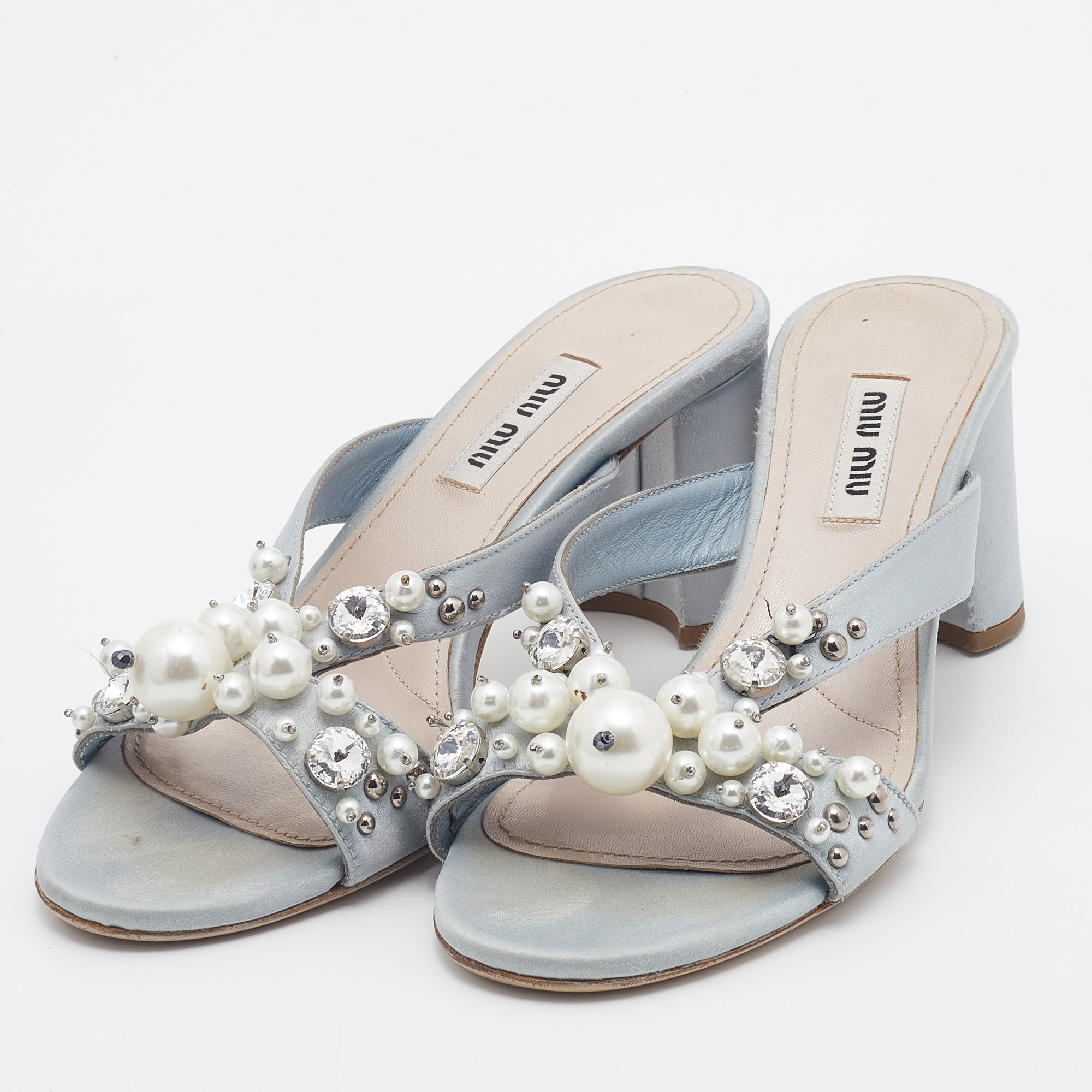 

Miu Miu Grey Crystal And Pearl Embellished Satin Block Heel Slide Sandals Size