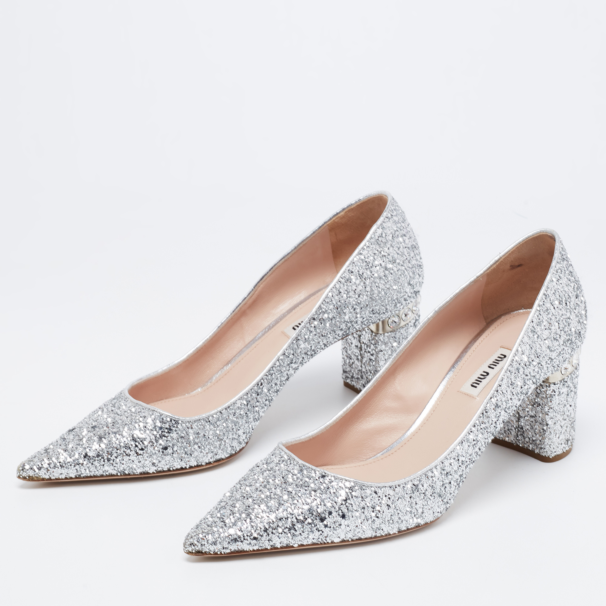 

Miu Miu Metallic Silver Glitter Pointed Toe Embellished Block Heel Pumps Size