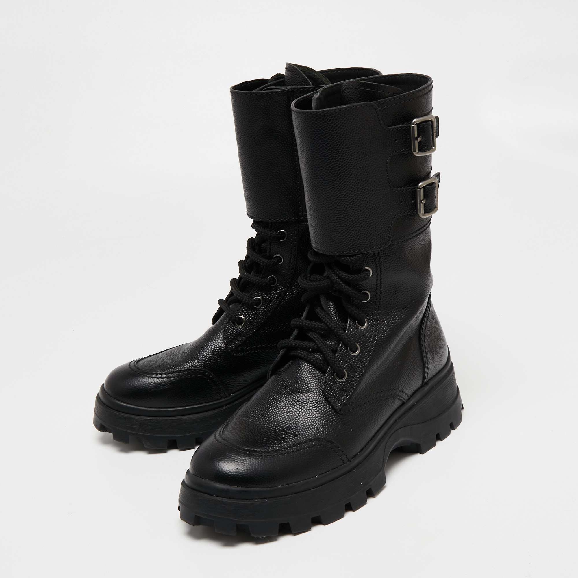 

Miu Miu Black Leather Military Combat Buckle Boots Size