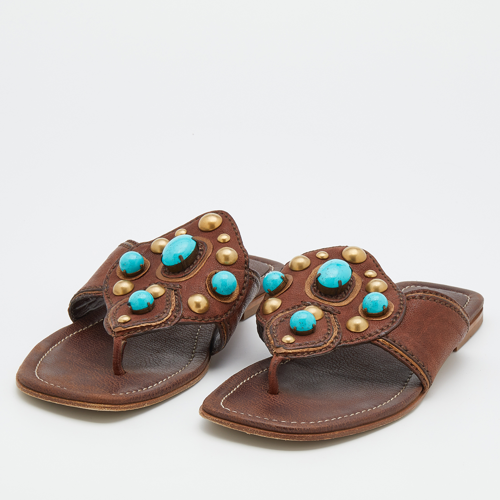 

Miu Miu Dark Brown Leather Stone Studded Thong Flat Sandals Size