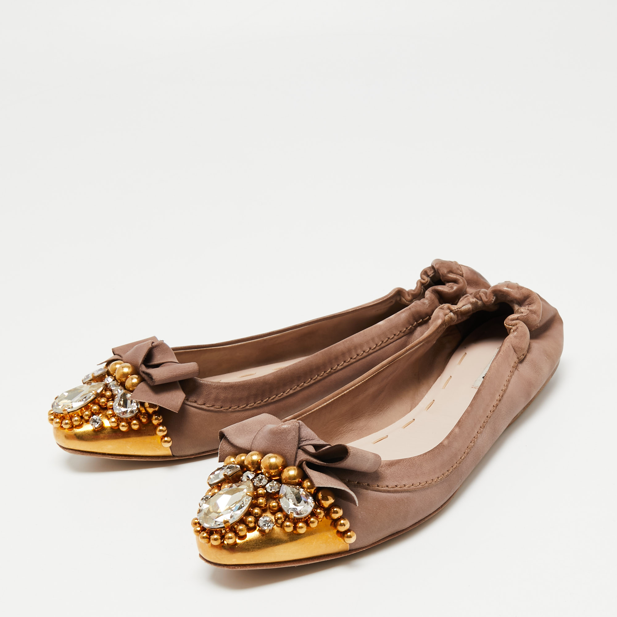 

Miu Miu Brown Leather Crystal Embellished Ballet Flats Size