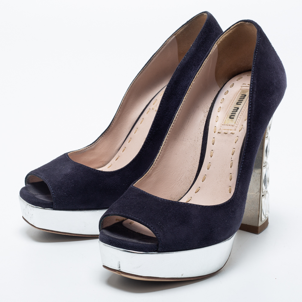 

Miu Miu Navy Blue Suede Crystal Heel Peep Toe Platform Pumps Size