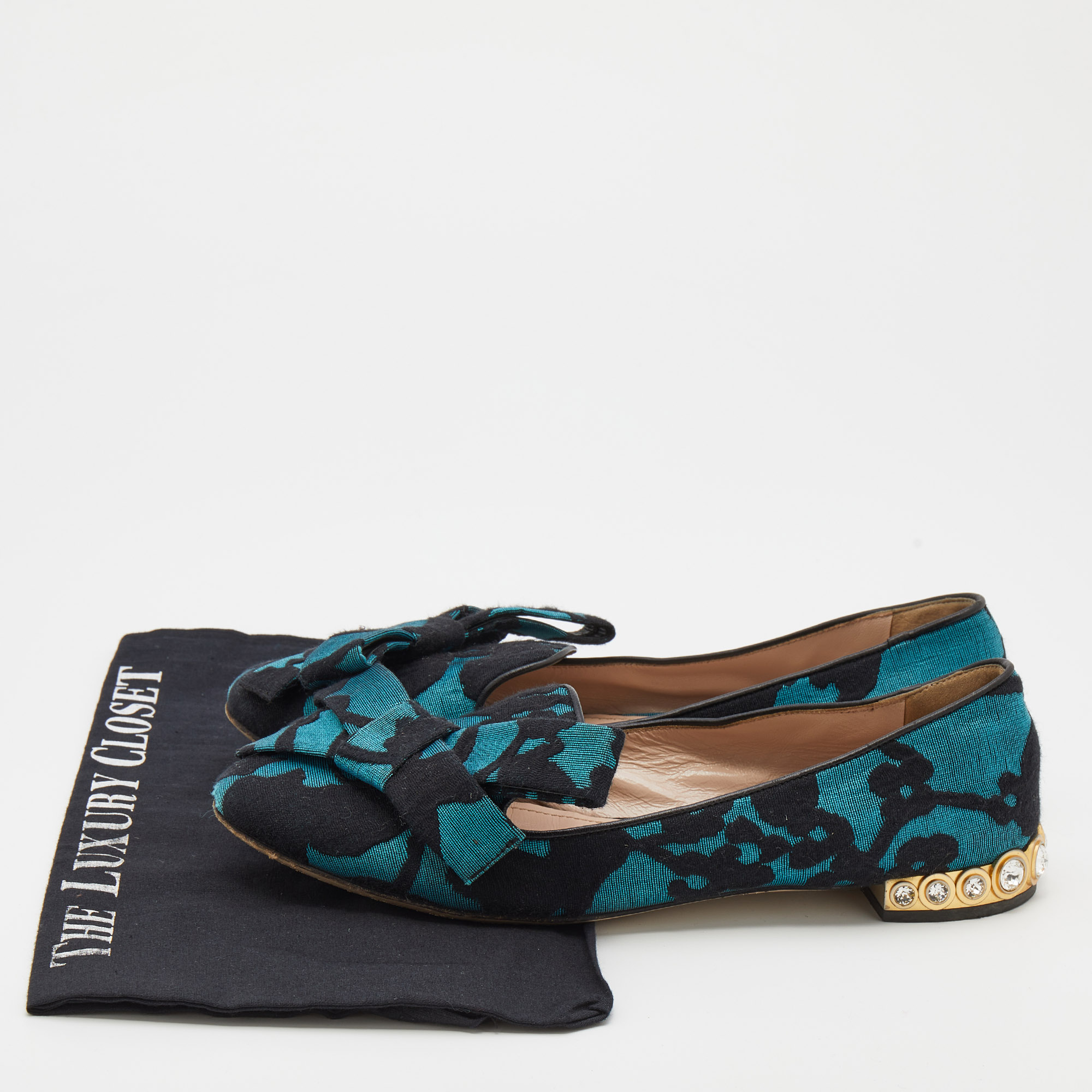 Miu Miu Blue/Black Jacquard Bow Embellished Smoking Slippers Size 38.5 