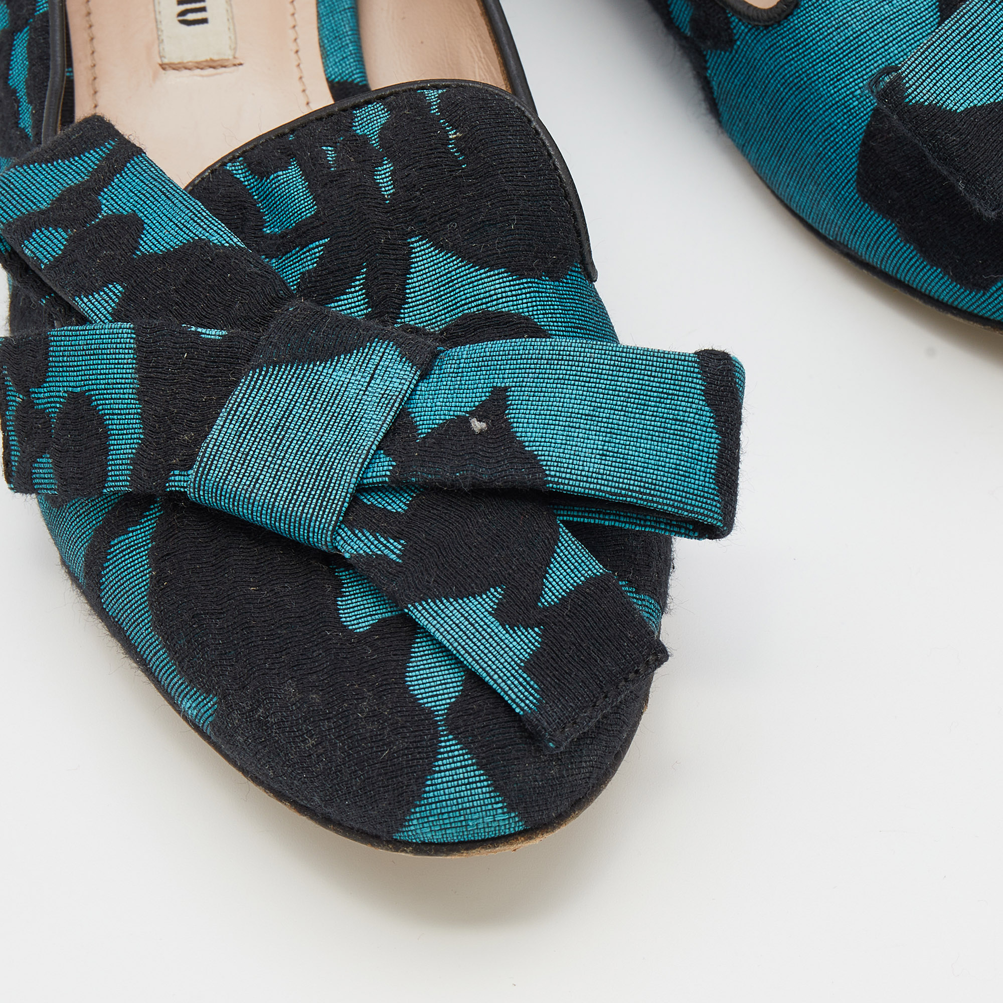 Miu Miu Blue/Black Jacquard Bow Embellished Smoking Slippers Size 38.5 