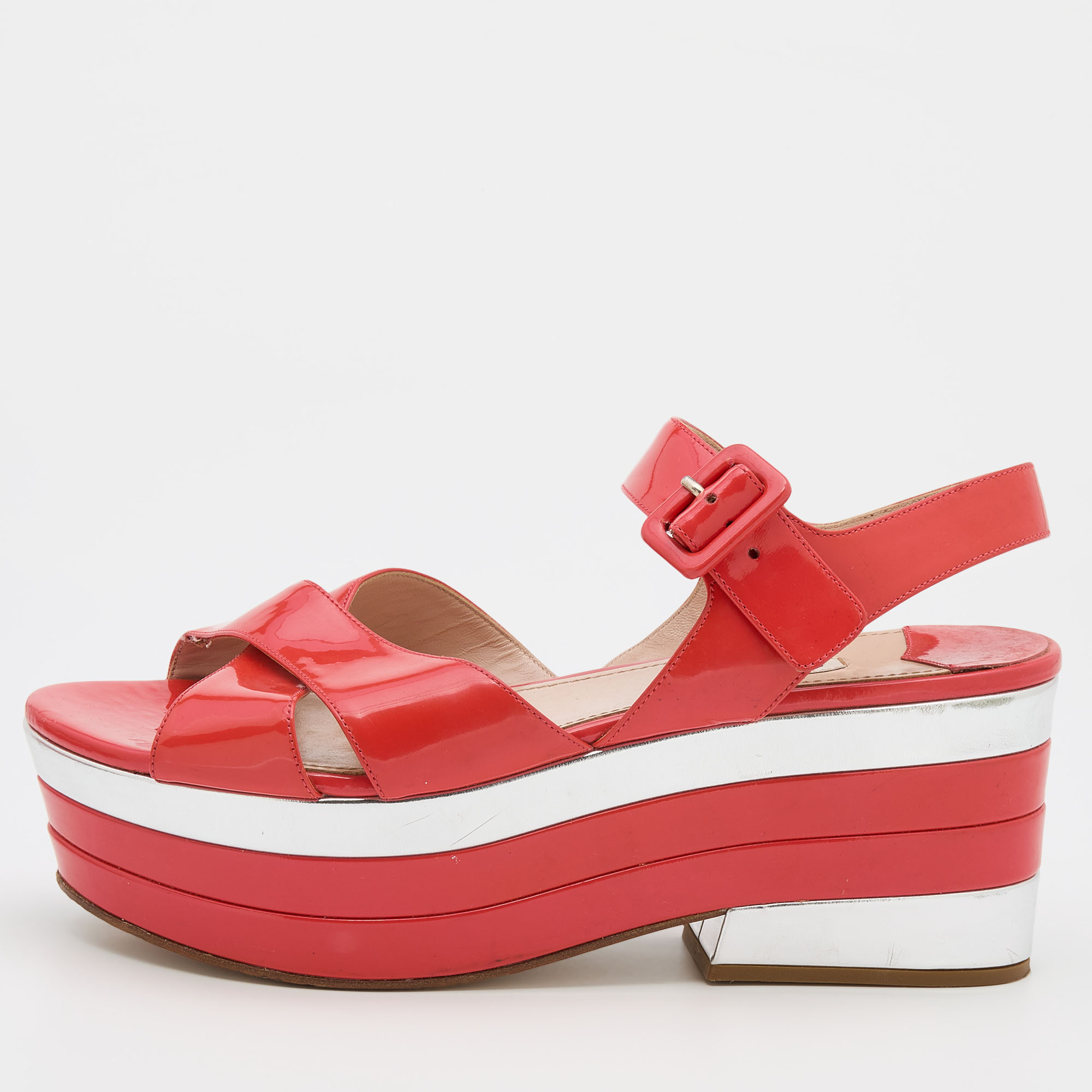 

Miu Miu Coral Red Patent Leather Wedge Platform Ankle Strap Sandals Size
