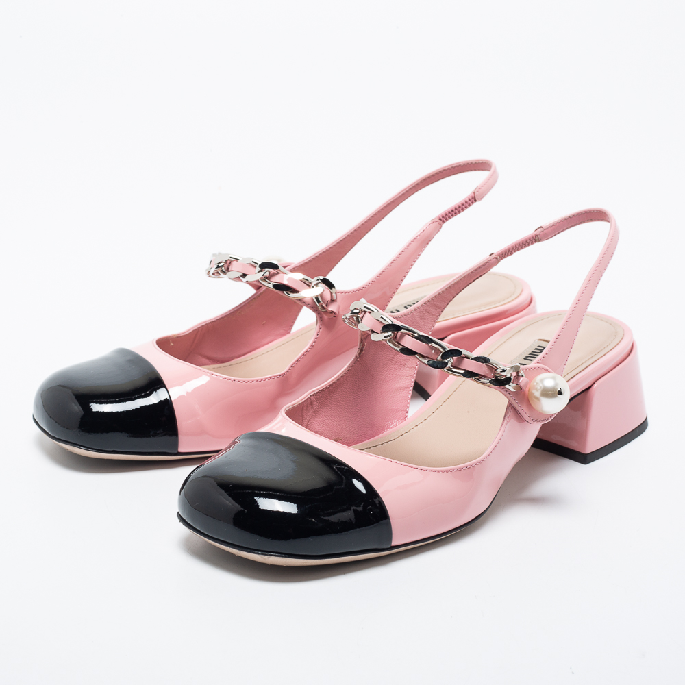 

Miu Miu Pink/Black Patent Leather Embellished Slingback Pumps Size
