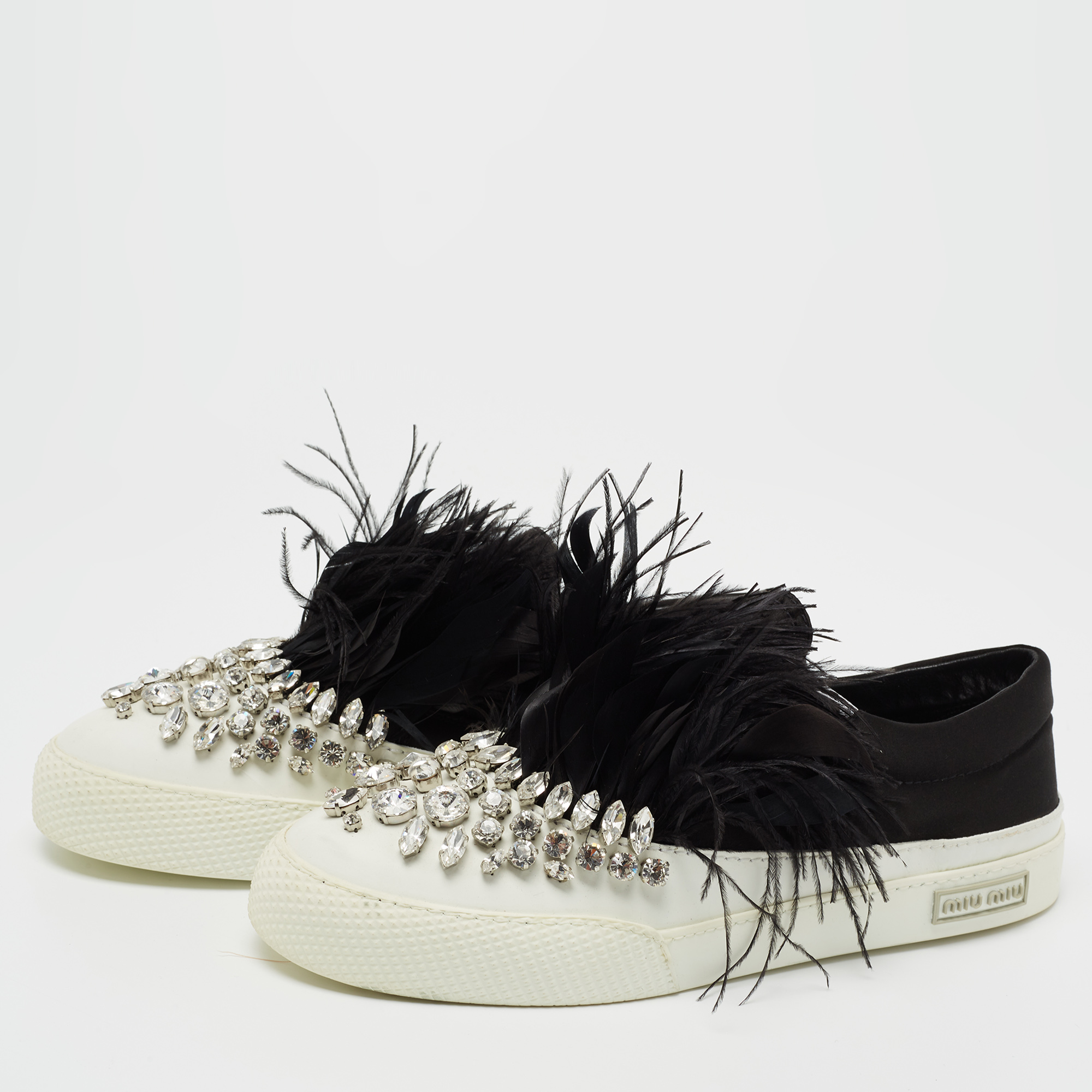 

Miu Miu Black/White Satin and Feathers Slip On Sneakers Size