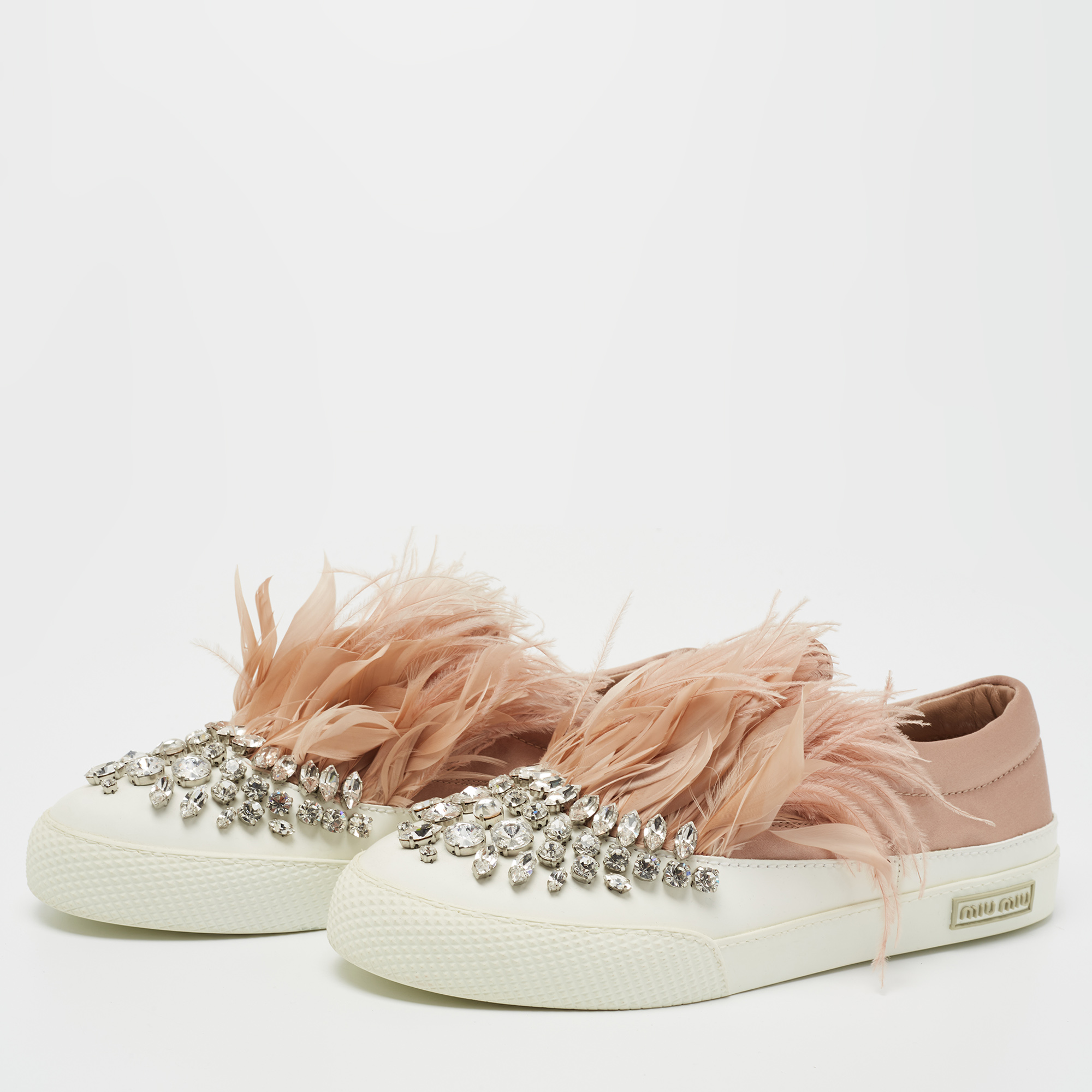 

Miu Miu Beige/White Satin and Feather Crystal Embellished Slip On Sneakers Size