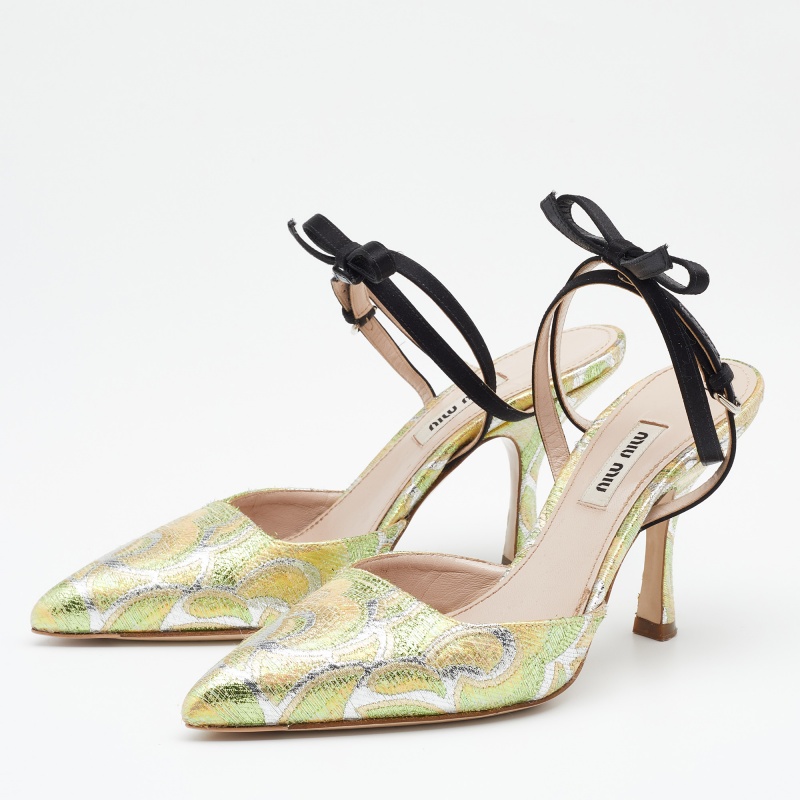 

Miu Miu Multicolor Brocade Fabric Bow Slingback Pumps Size