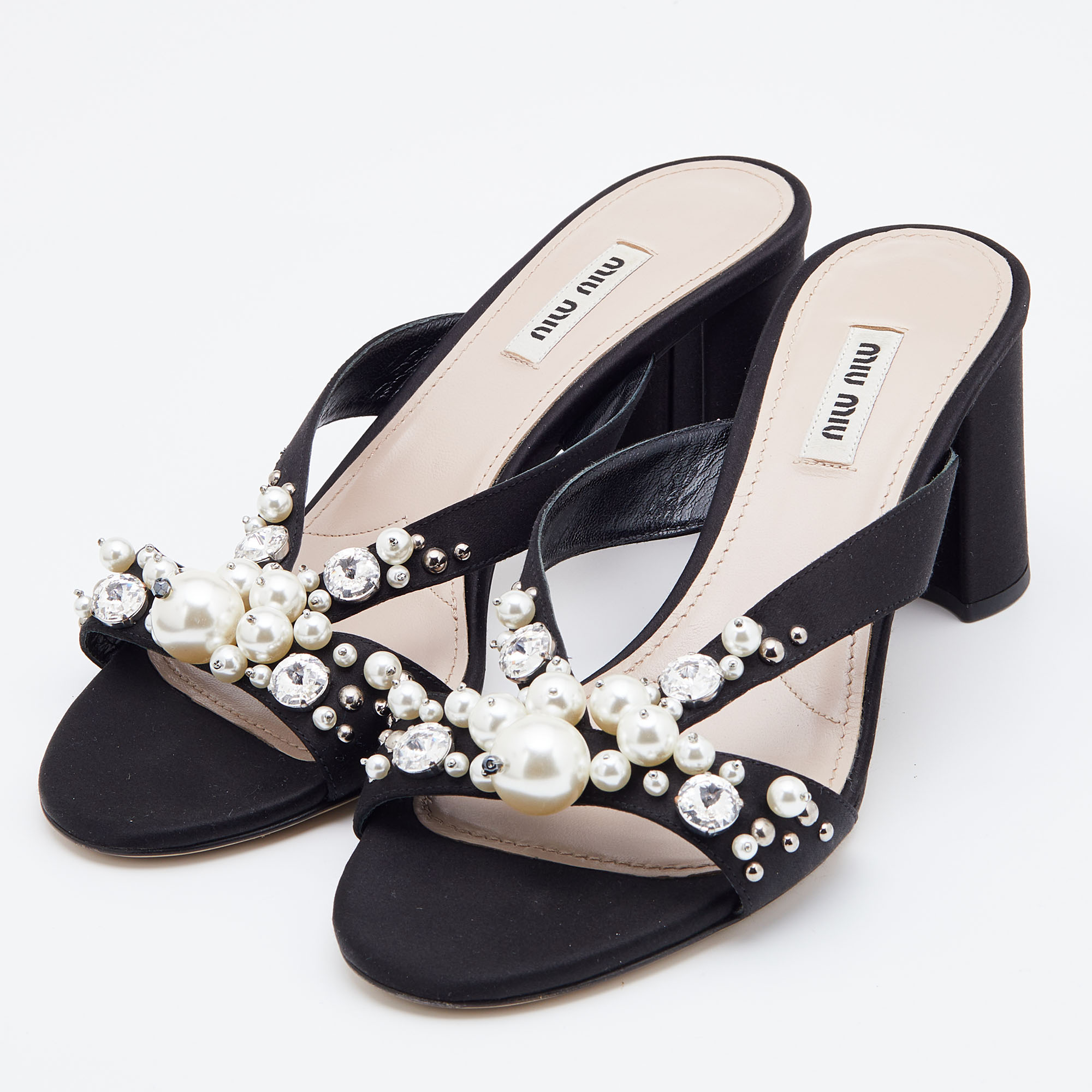 

Miu Miu Black Satin Crystal And Pearl Embellished Slide Sandals Size