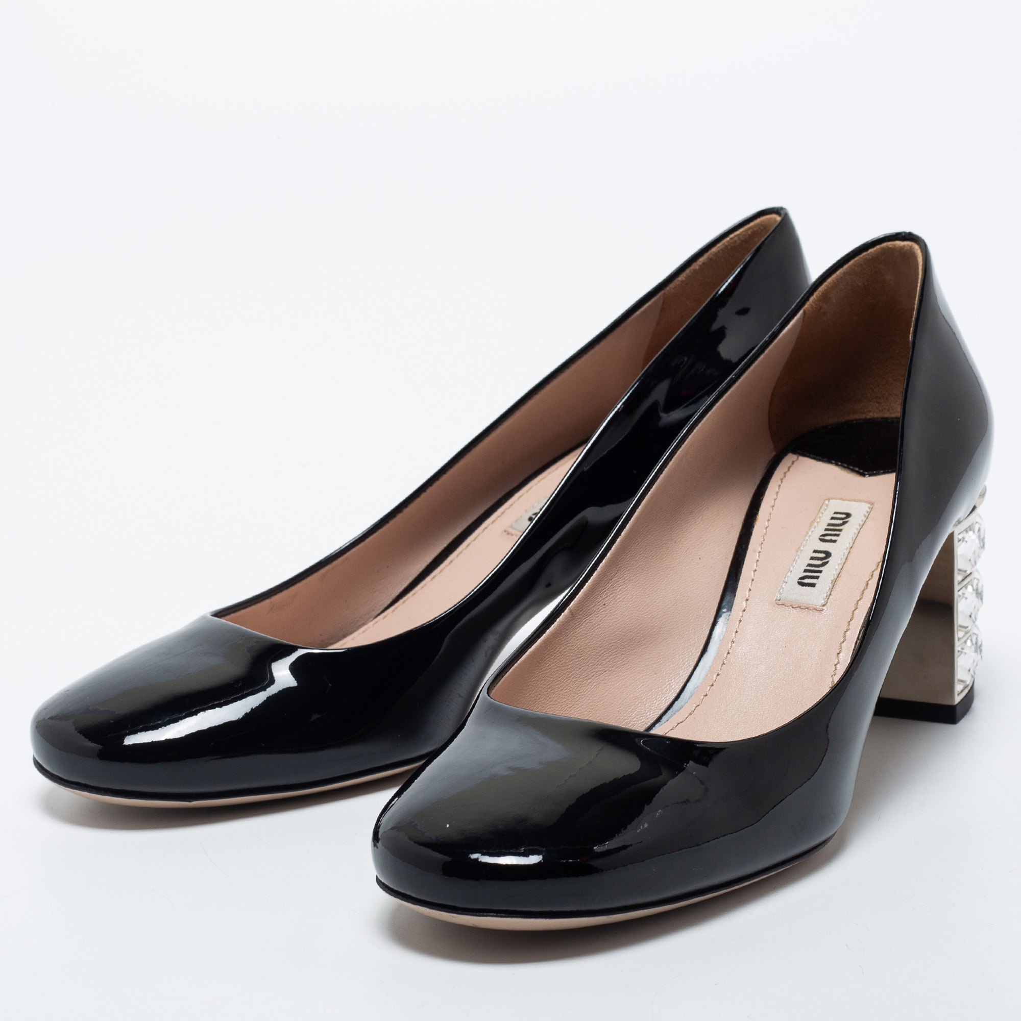

Miu Miu Black Patent Crystal Embellished Block Heel Pumps Size, Blue