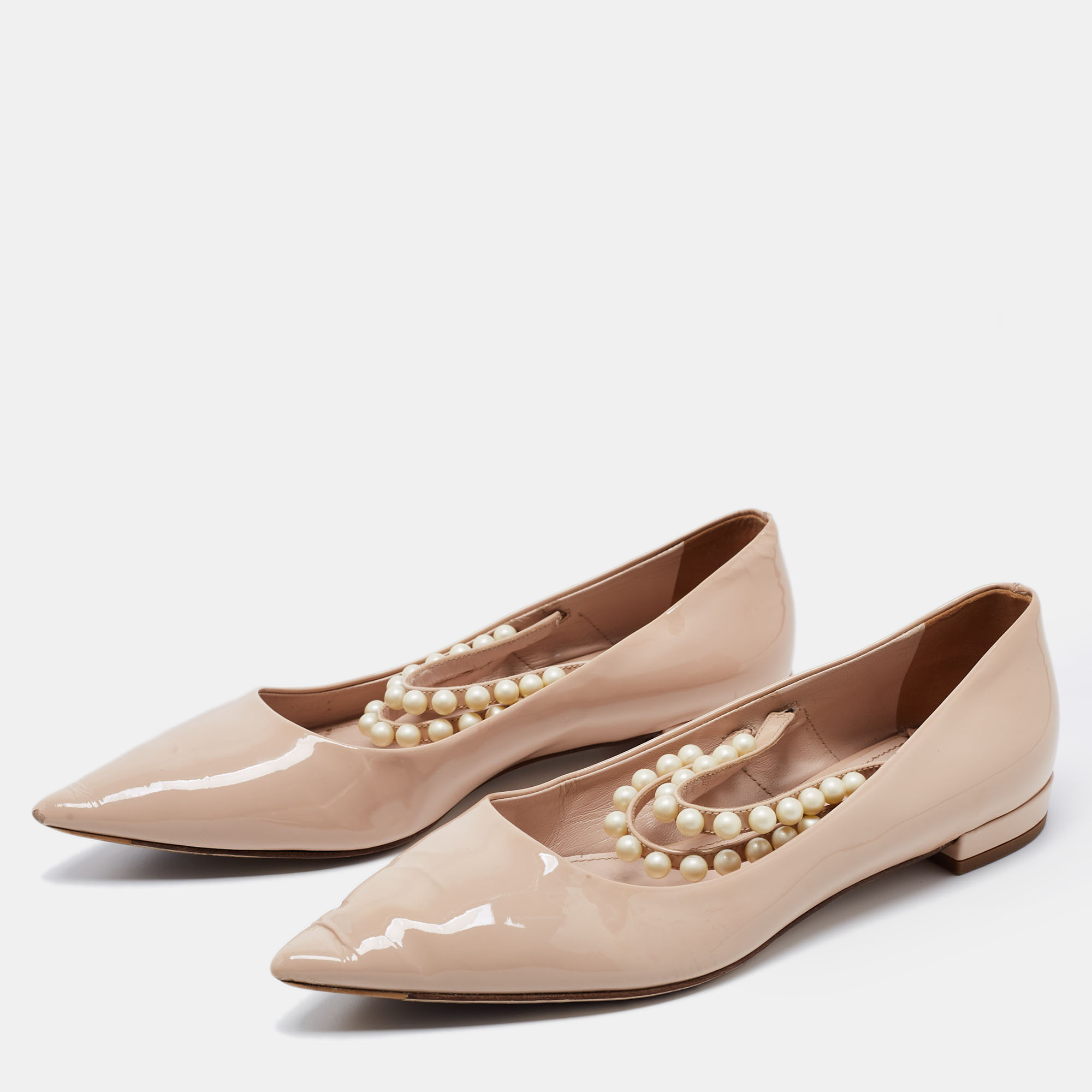 

Miu Miu Beige Patent Leather Pearl Embellished Mary Jane Ballet Flats Size