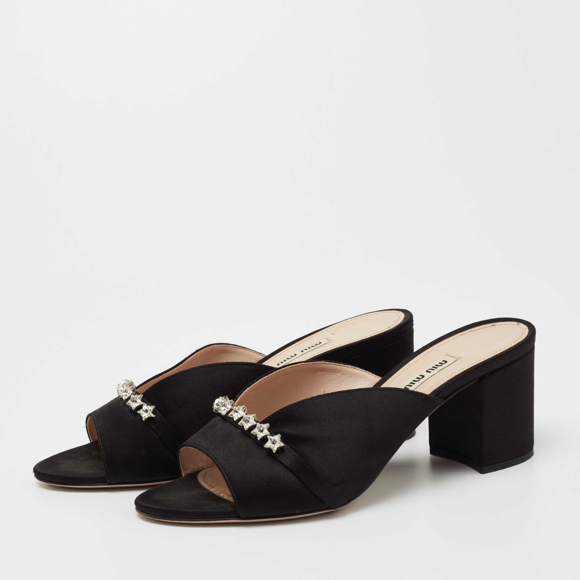 

Miu Miu Black Satin Crystal Embellished Block Heel Sandals Size
