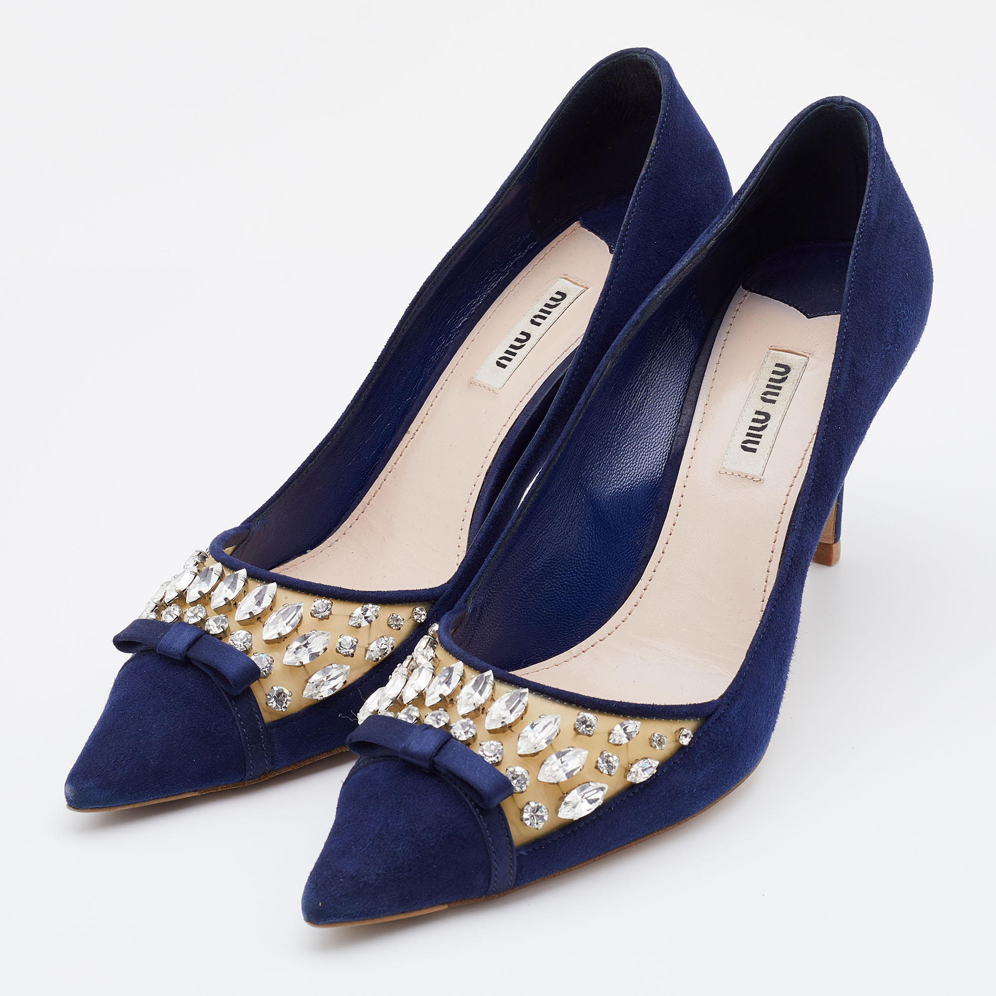 

Miu Miu Navy Blue Suede Crystal Embellished Pointed Toe Pumps Size