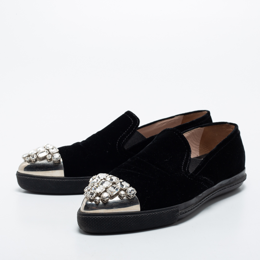 

Miu Miu Black Velvet Crystal Embellished Toe Cap Slip On Sneakers Size