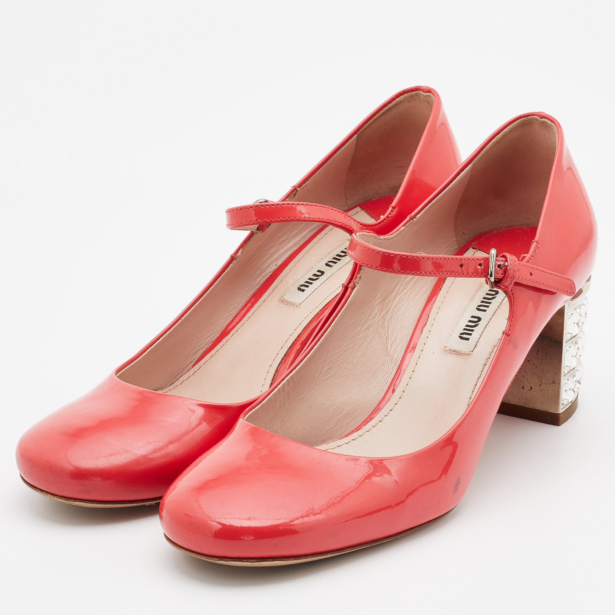 

Miu Miu Coral Pink Patent Leather Crystal Embellished Block Heel Mary Jane Pumps Size