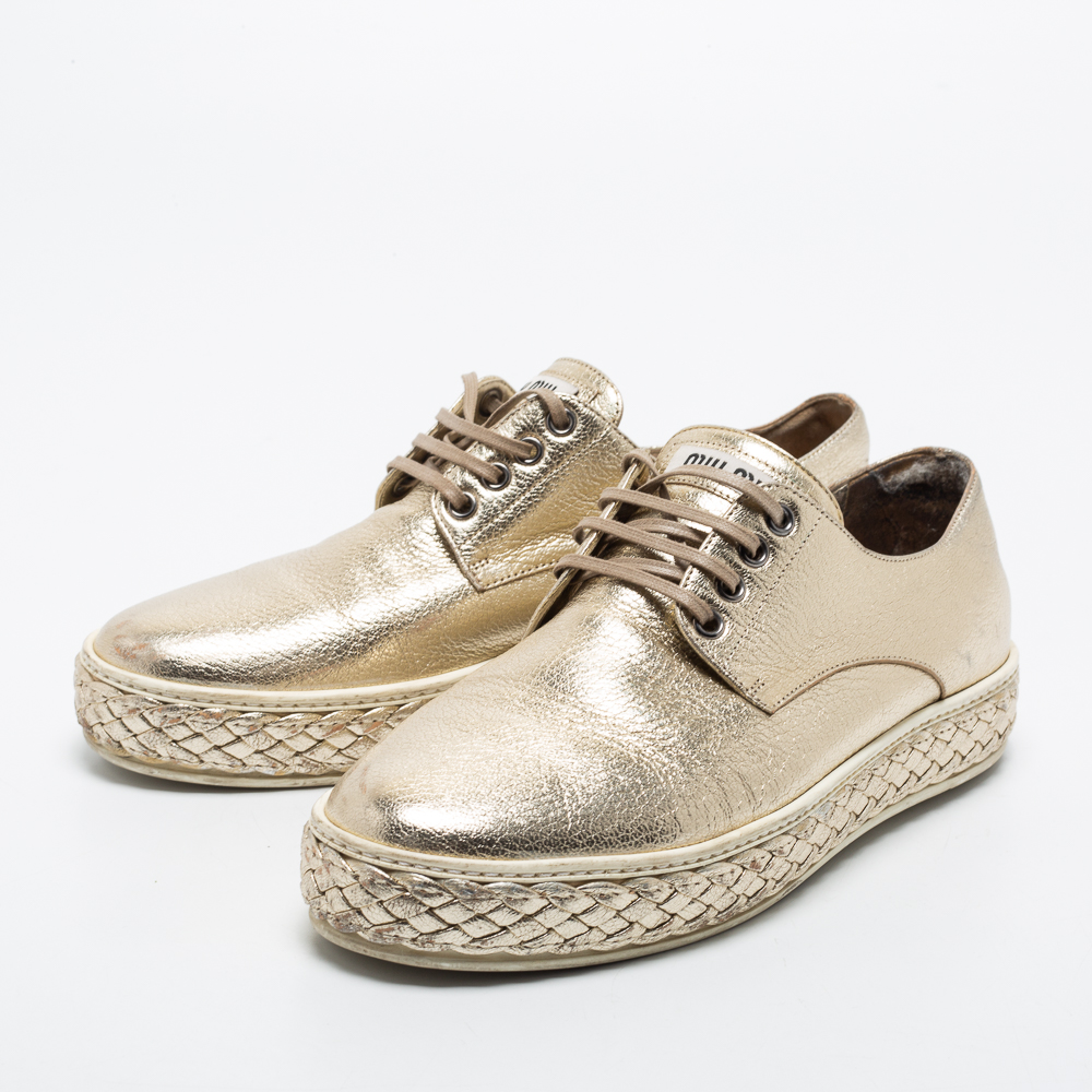 

Miu Miu Light Gold Leather Derby Sneakers Size