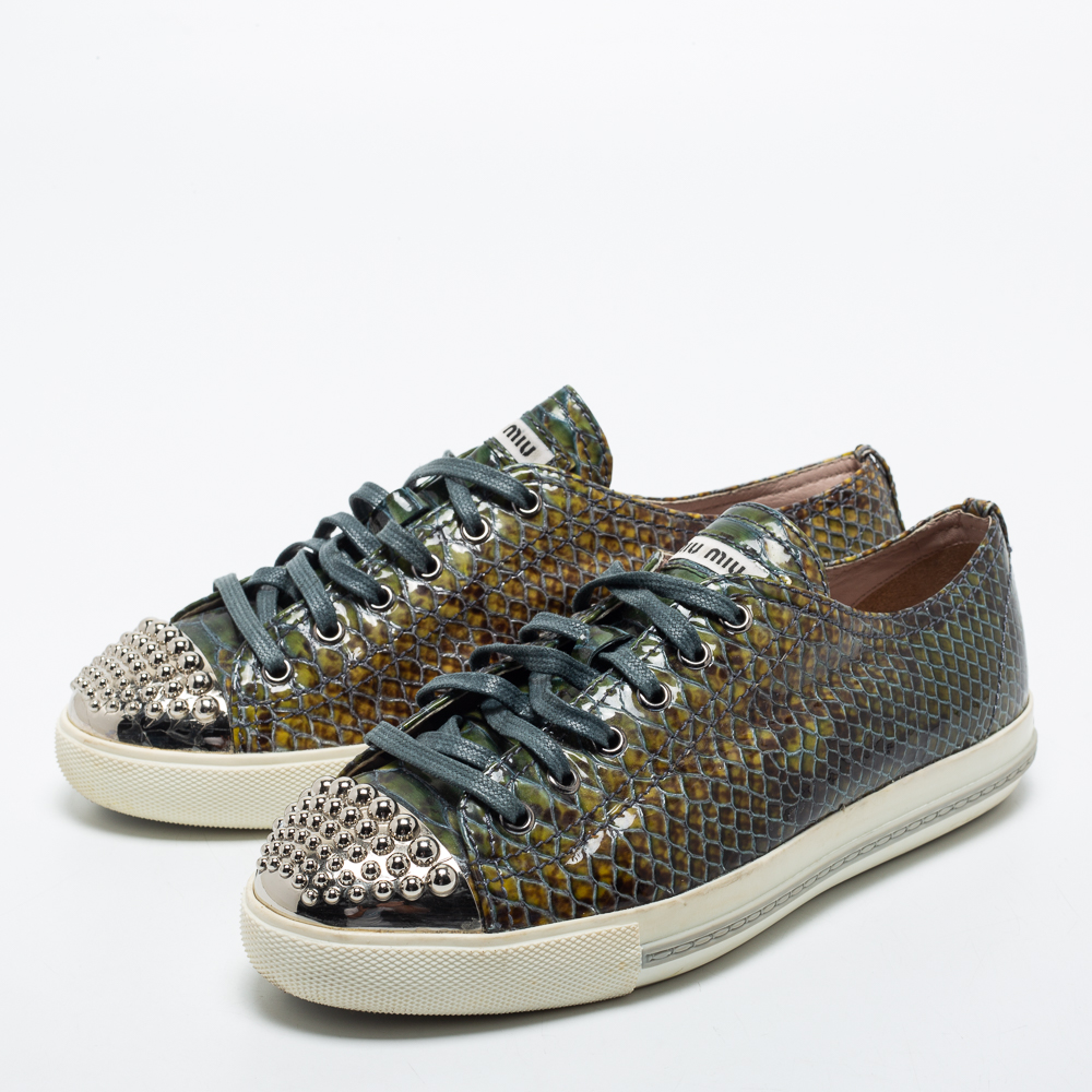 

Miu Miu Dark Green Python Embossed Embellished Cap Toe Sneakers Size