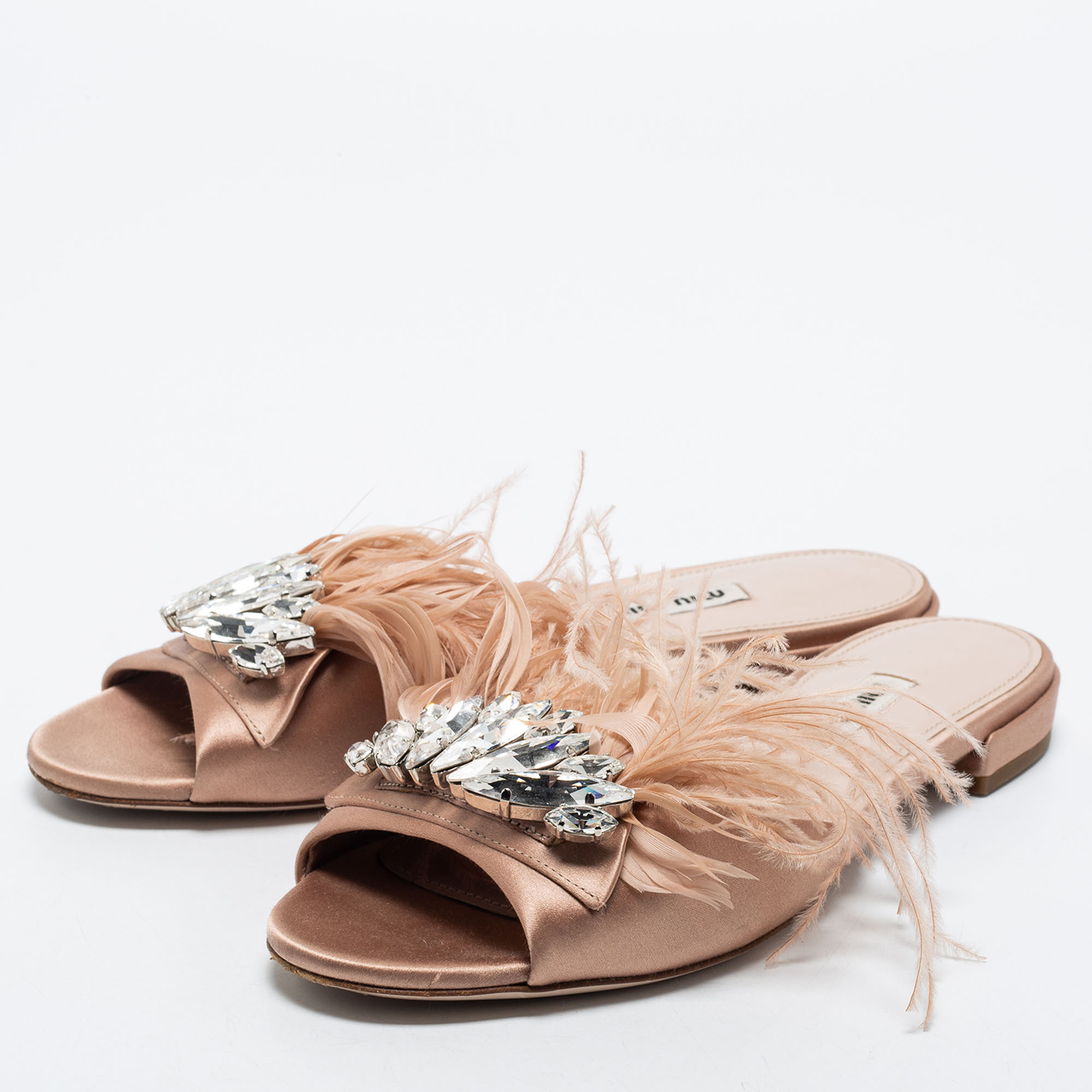 

Miu Miu Pink Satin and Feather Crystal Embellished Flat Slides Size