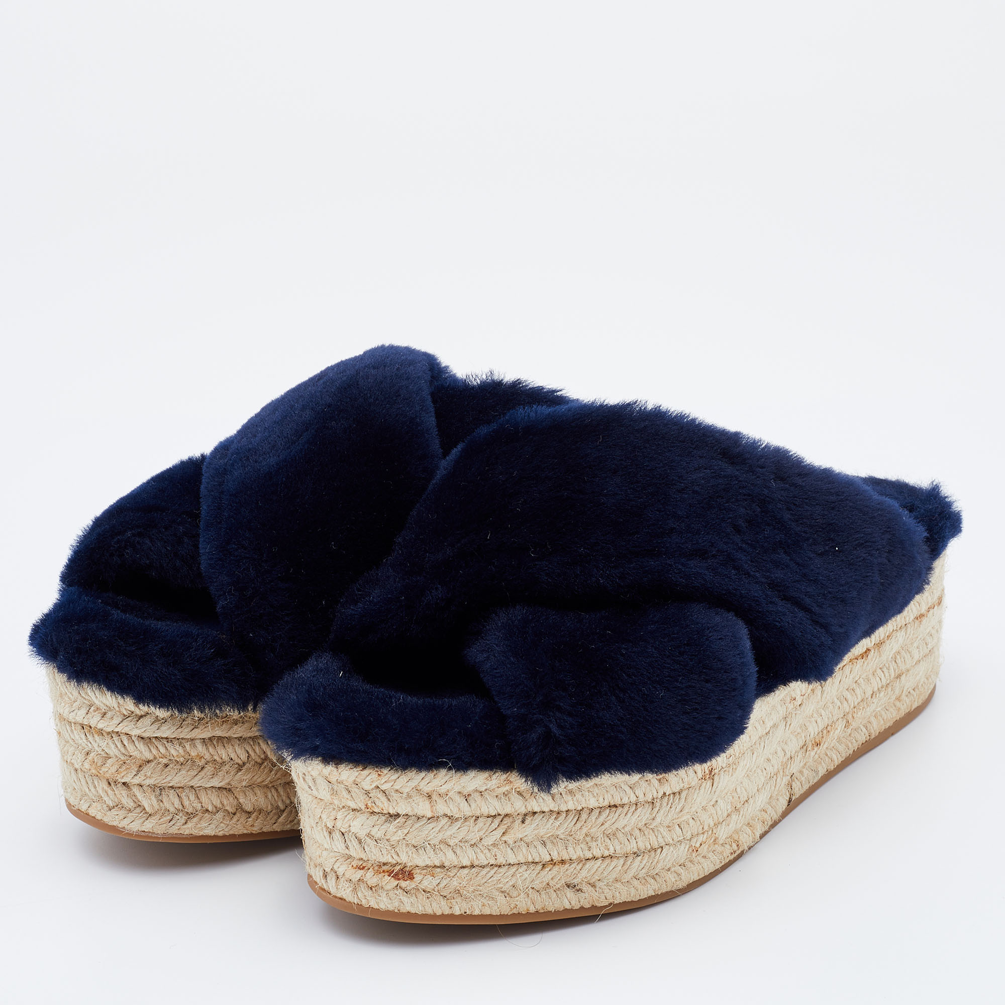 

Miu Miu Navy Blue Fur Criss Cross Platform Espadrille Flats Size