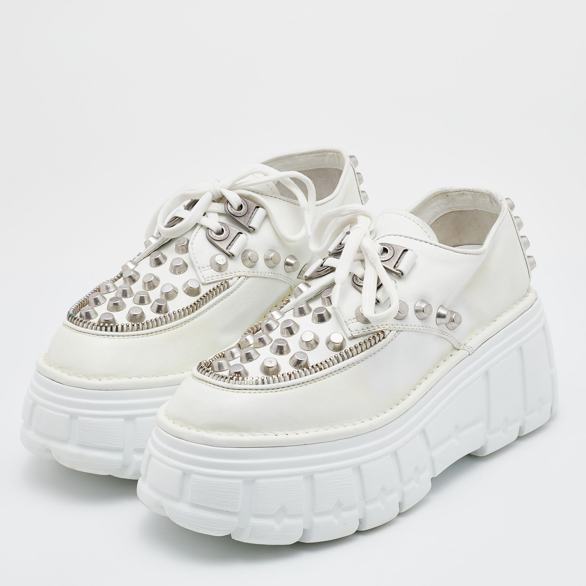 

Miu Miu White Leather Embellished Platform Derby Sneakers Size