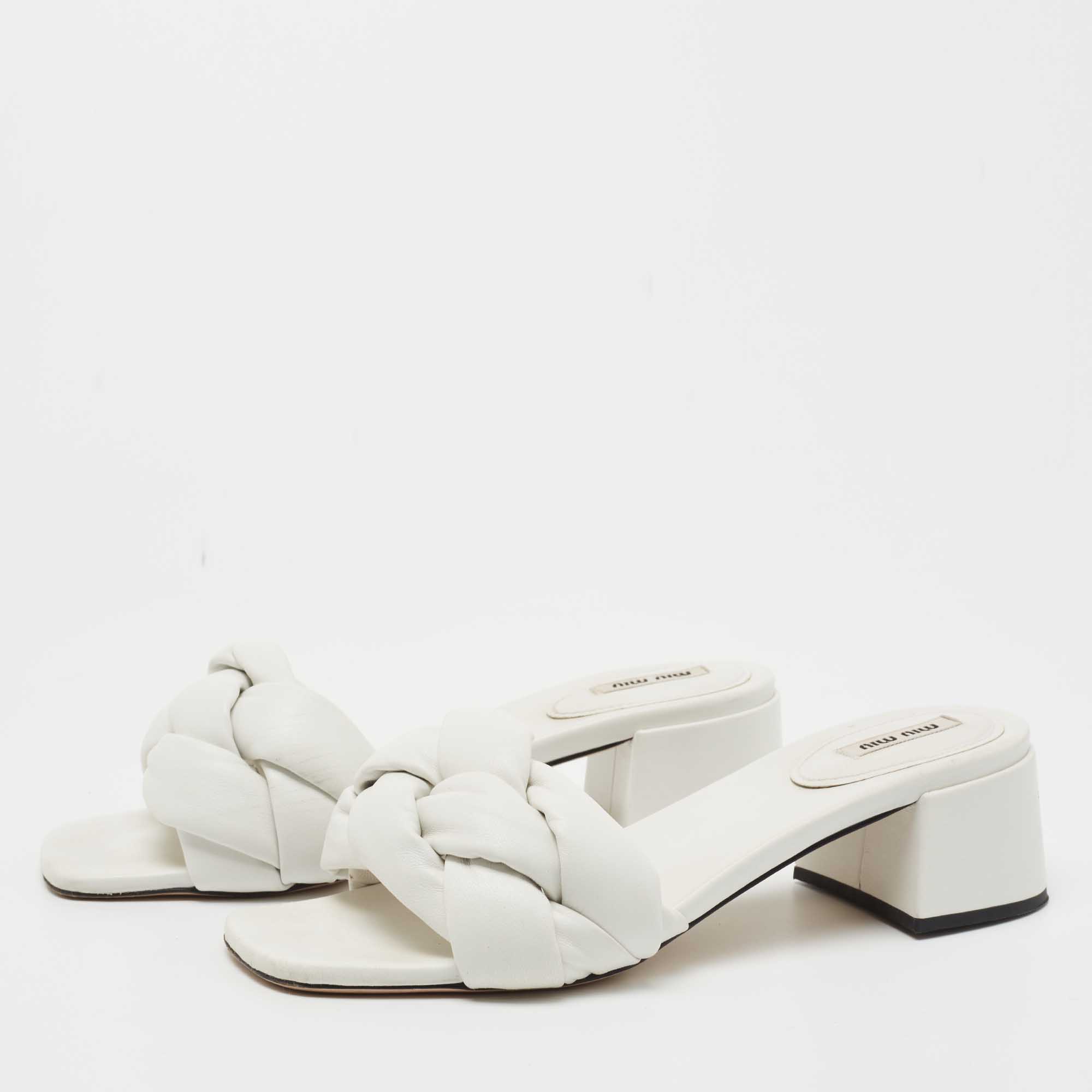 

Miu Miu White Leather Interwoven Slide Sandals Size