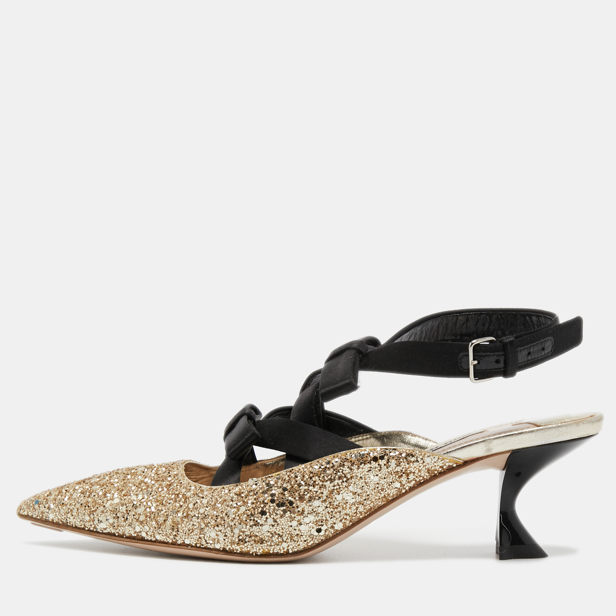 Miu Miu Metallic Gold Glitter Bows Slingback Pumps Size 37.5