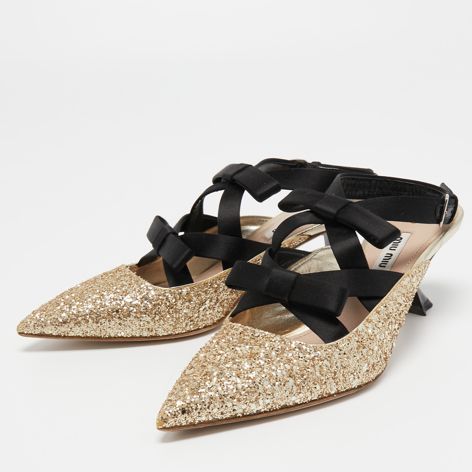 

Miu Miu Metallic Gold Glitter Bows Slingback Pumps Size