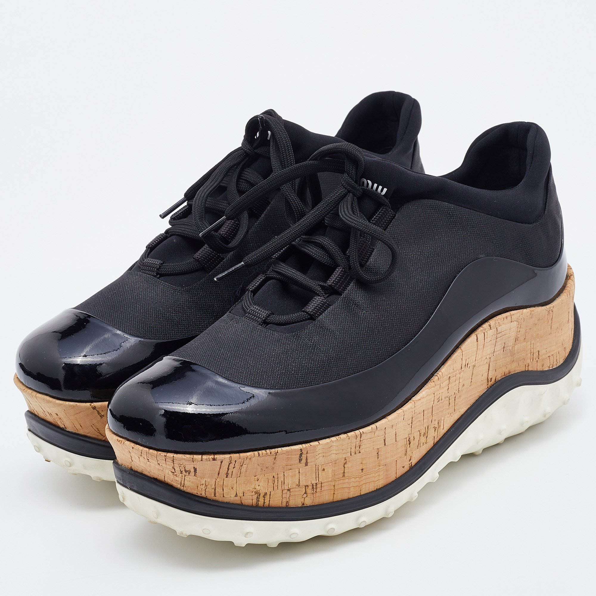

Miu Miu Black Fabric and Patent Leather Astro Cork Platform Sneakers Size