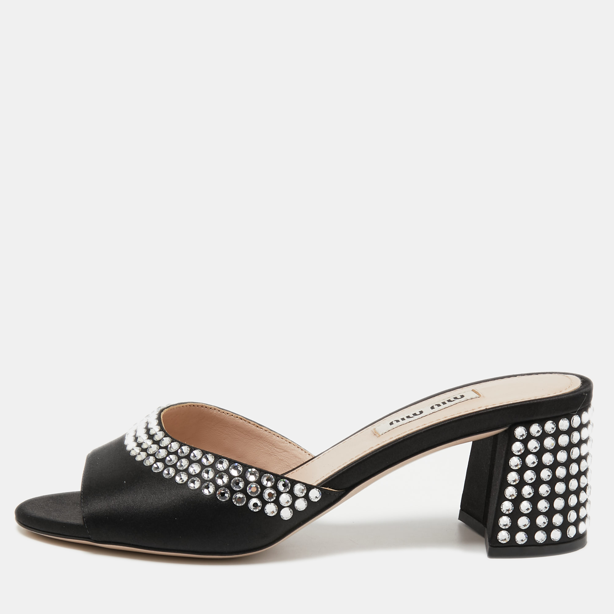 Miu Miu Black Satin Crystal Embellished Block Heel Slide Sandals Size 36
