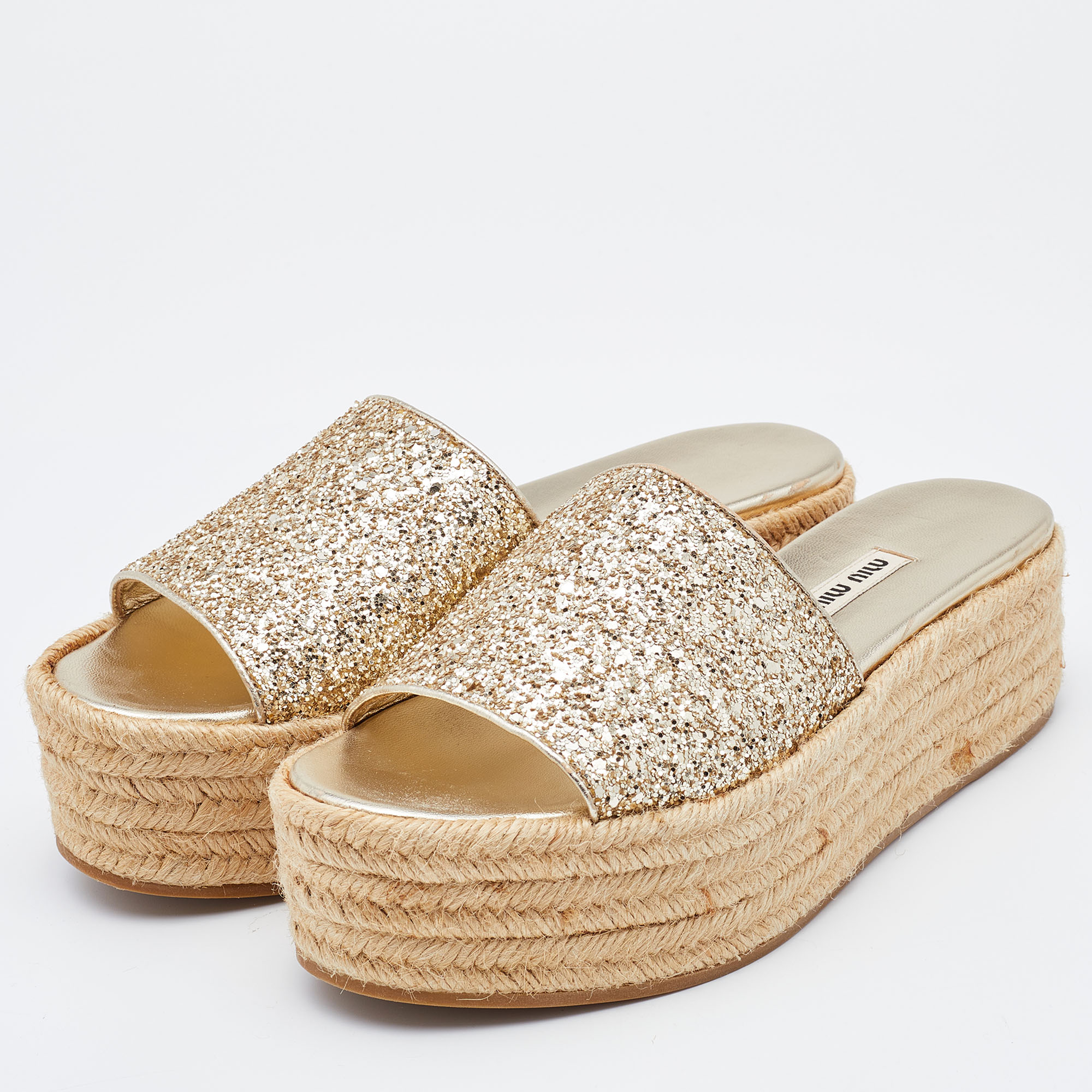 

Miu Miu Gold Glitter Platform Espadrille Slides Size