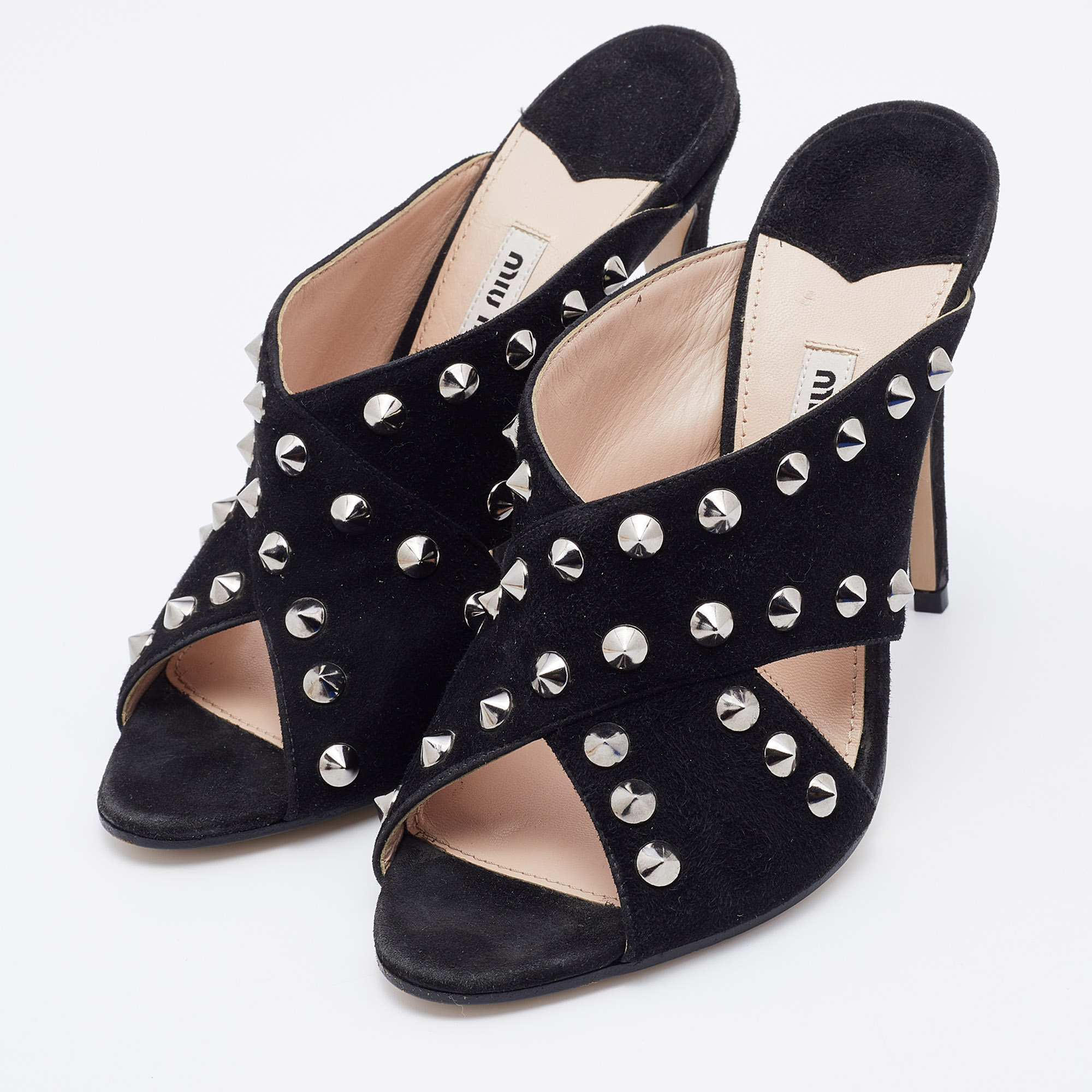 

Miu Miu Black Suede Criss Cross Studded Sandals Size