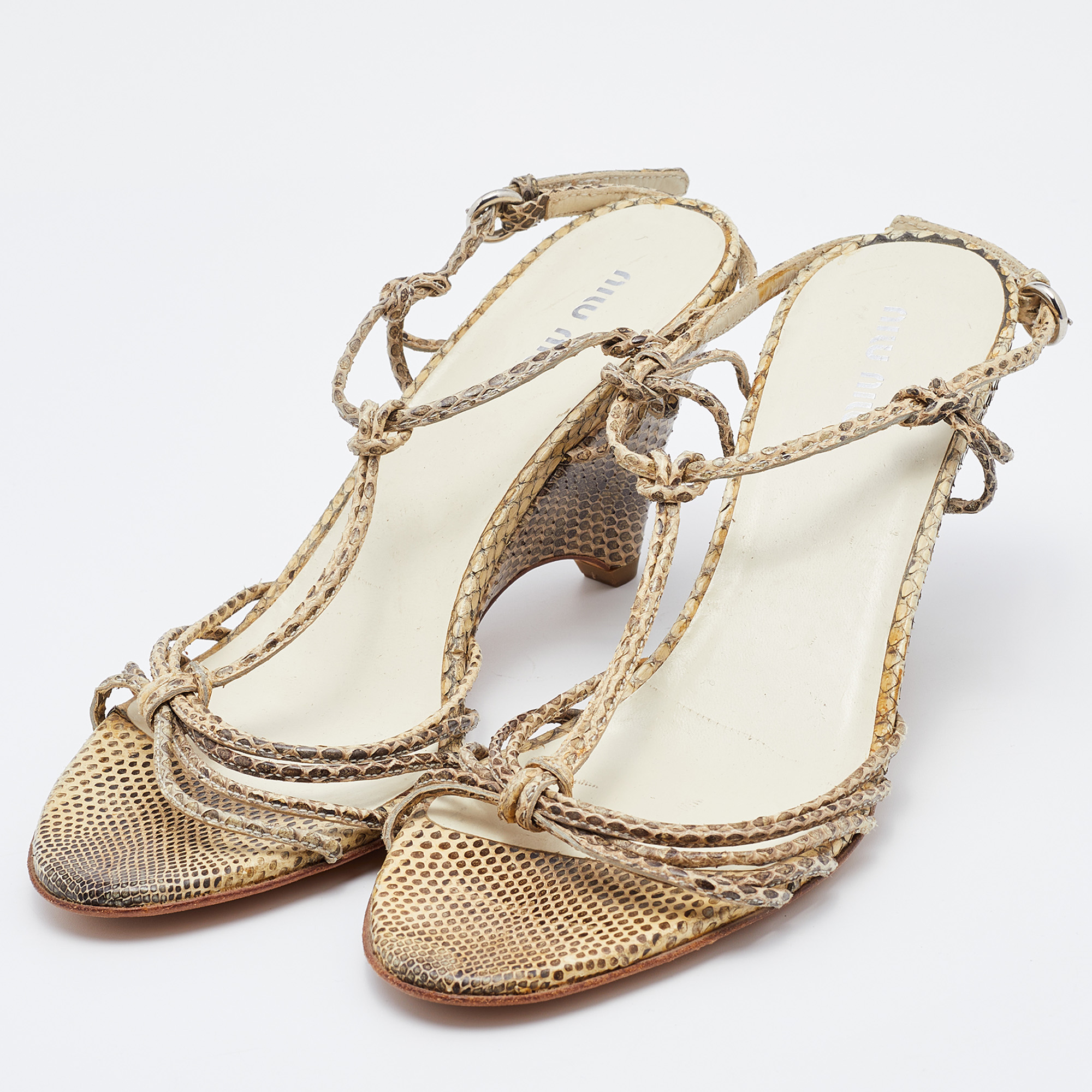 

Miu Miu Cream/Brown Snakeskin Leather Strappy Wedge Sandals Size