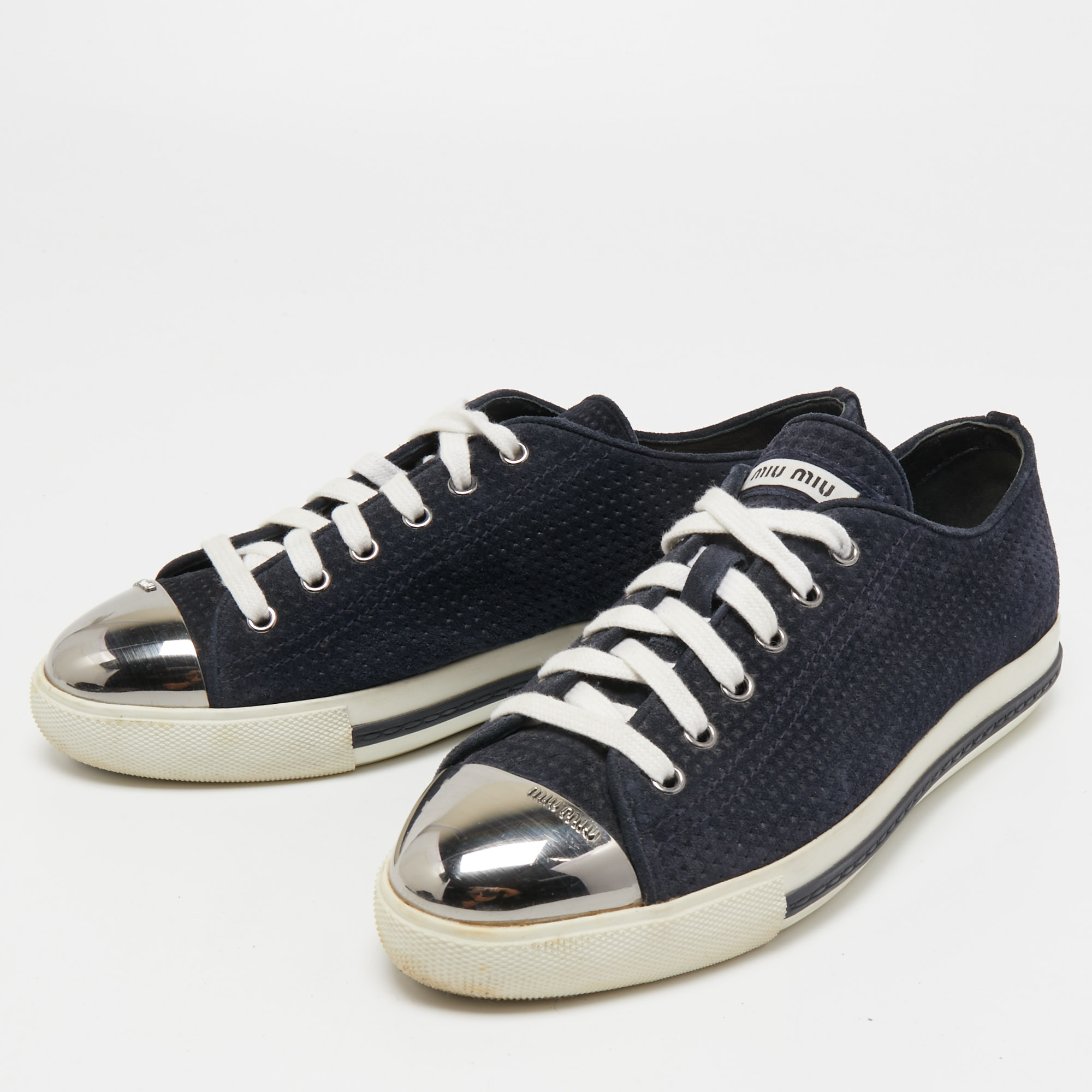 

Miu Miu Navy Blue Perforated Suede and Metal Cap Toe Low Top Sneakers Size