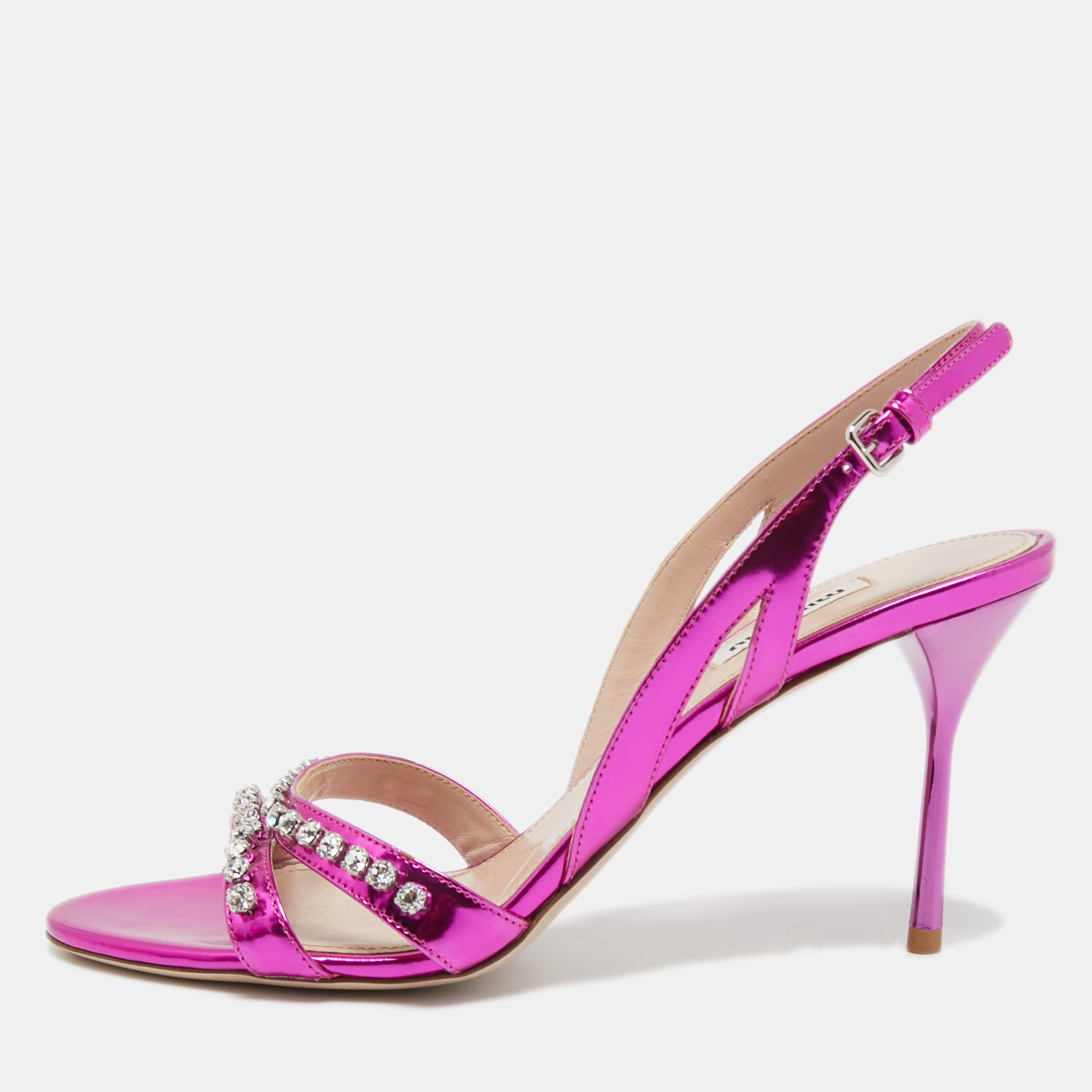 

Miu Miu Magenta Pink Laminated Leather Crystals Embellished Sandals Size