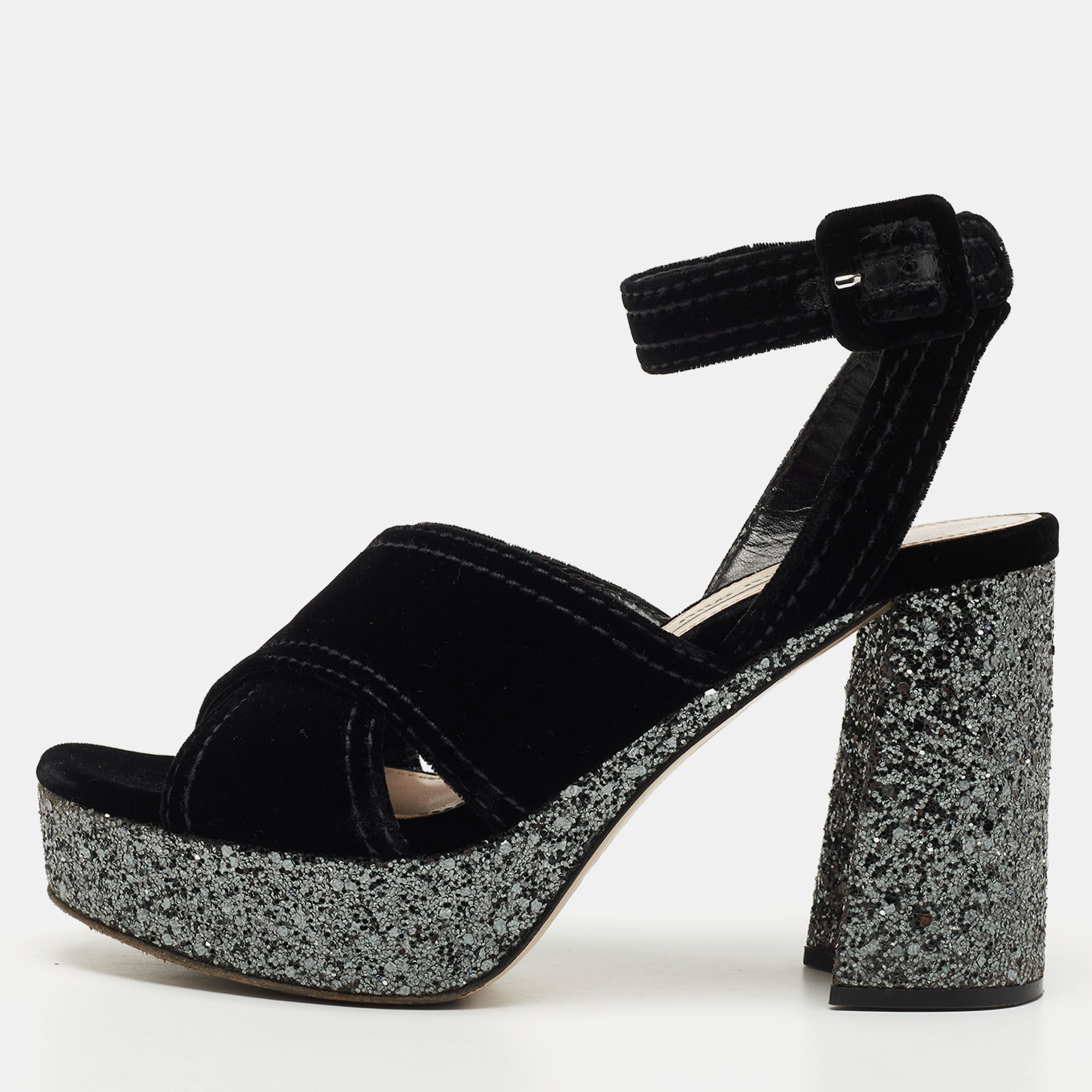 Pre-owned Miu Miu Black Velvet And Glitter Platform Ankle Strap Sandals Size 37