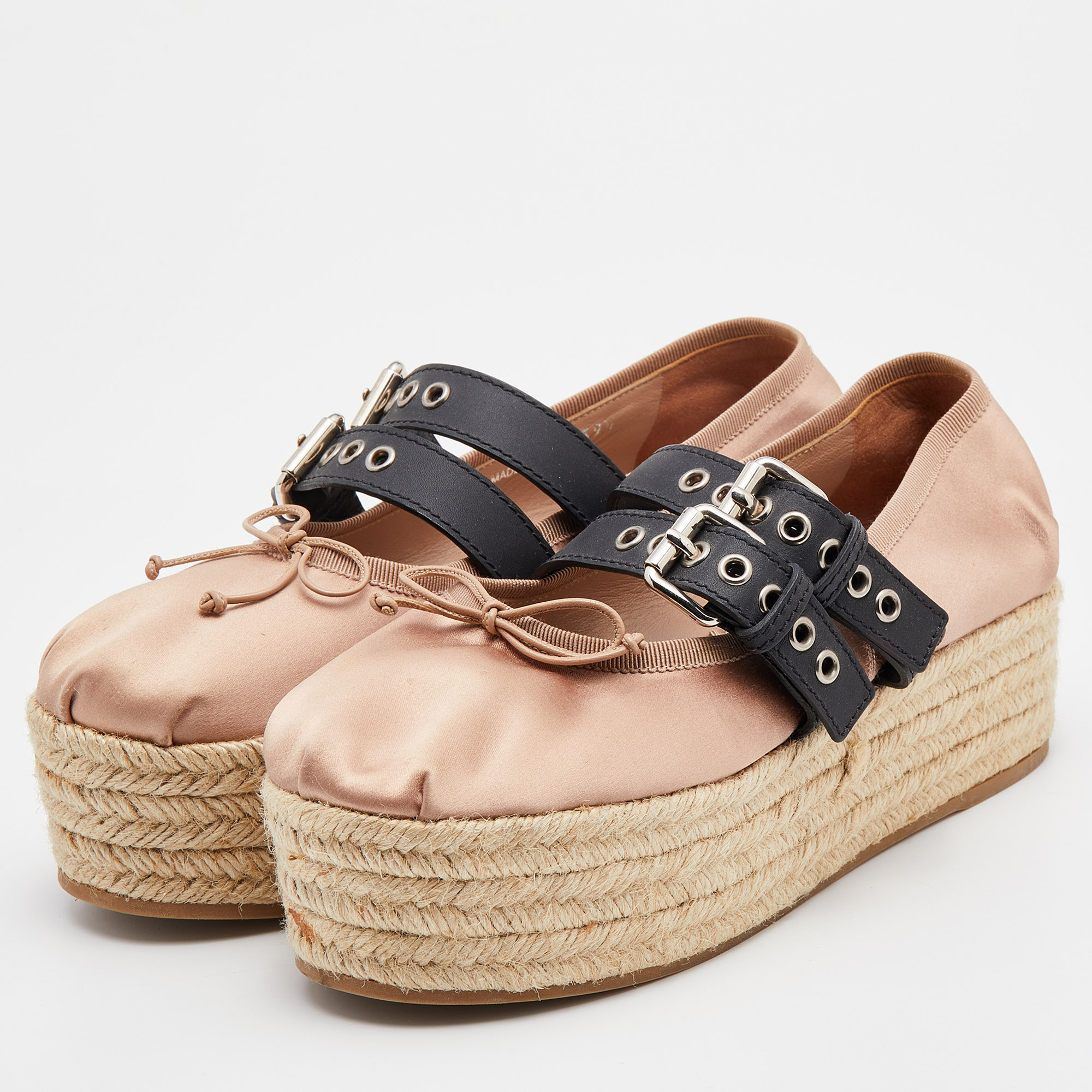 

Miu Miu Beige/Black Satin and Leather Belted Ballet Platform Espadrille Flats Size