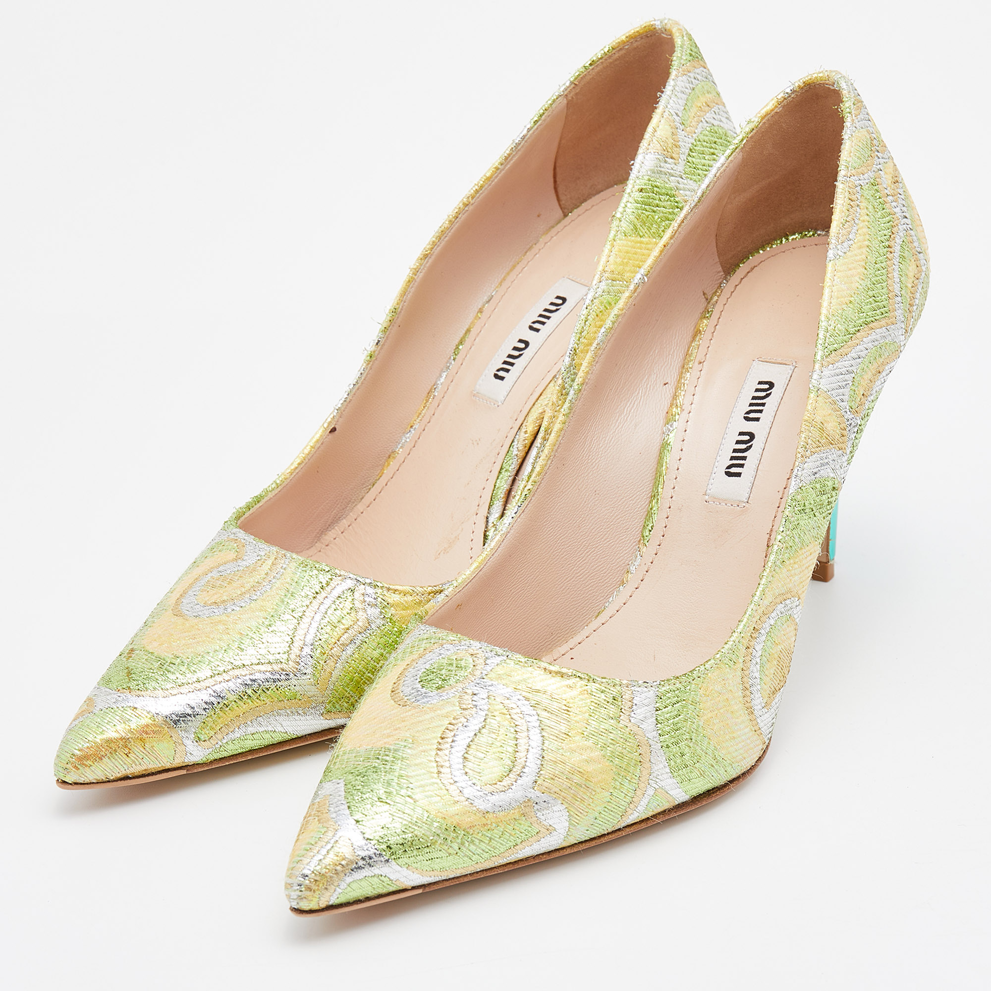 

Miu Miu Green/Yellow Metallic Fabric Pointed Toe Pumps Size