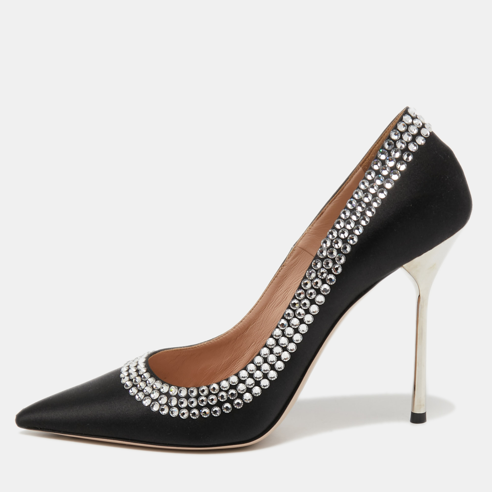 Miu Miu Black Satin Embellished Pointed Toe Pumps Size 37.5