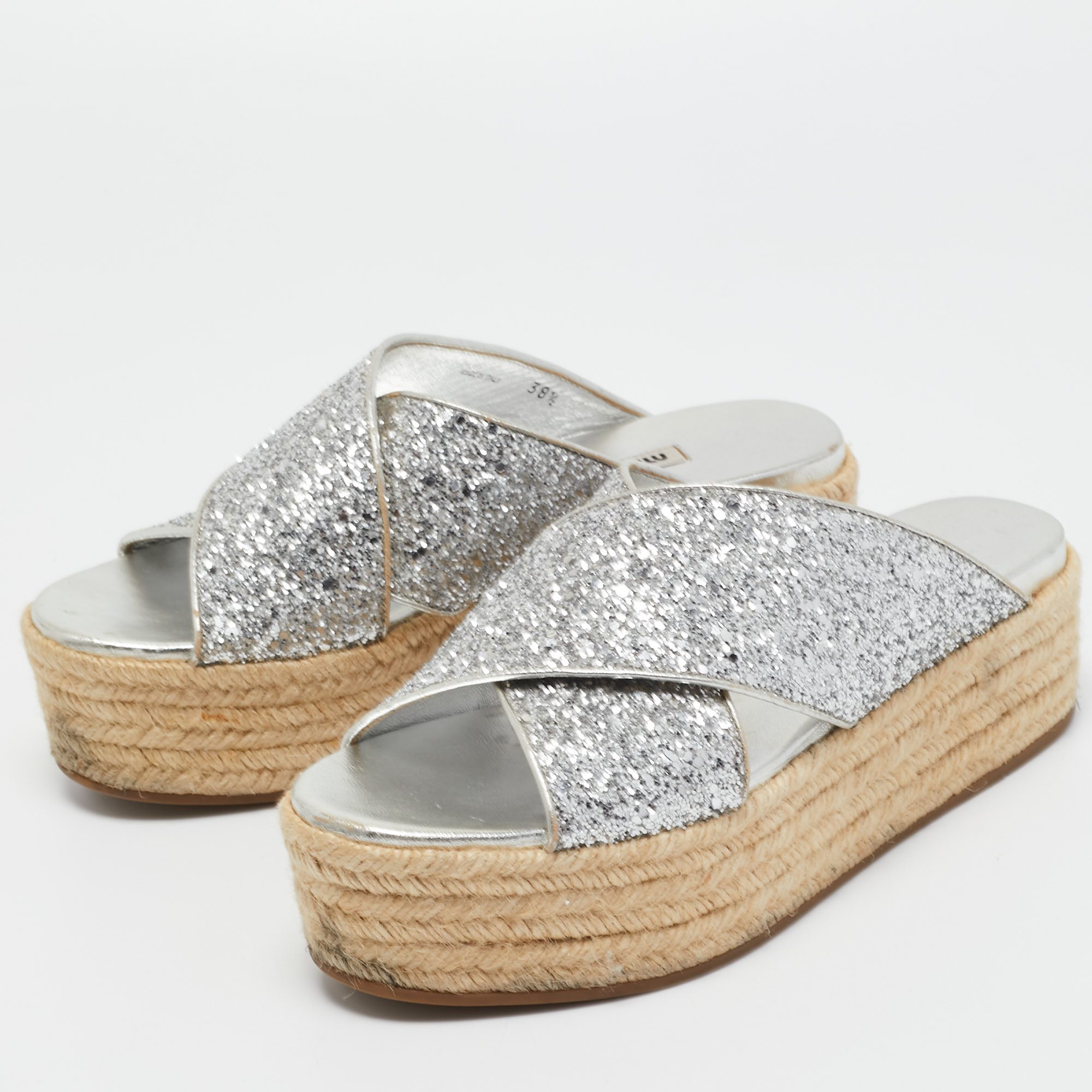 

Miu Miu Silver Glitter and Leather Cross Strap Espadrille Wedge Sandals Size