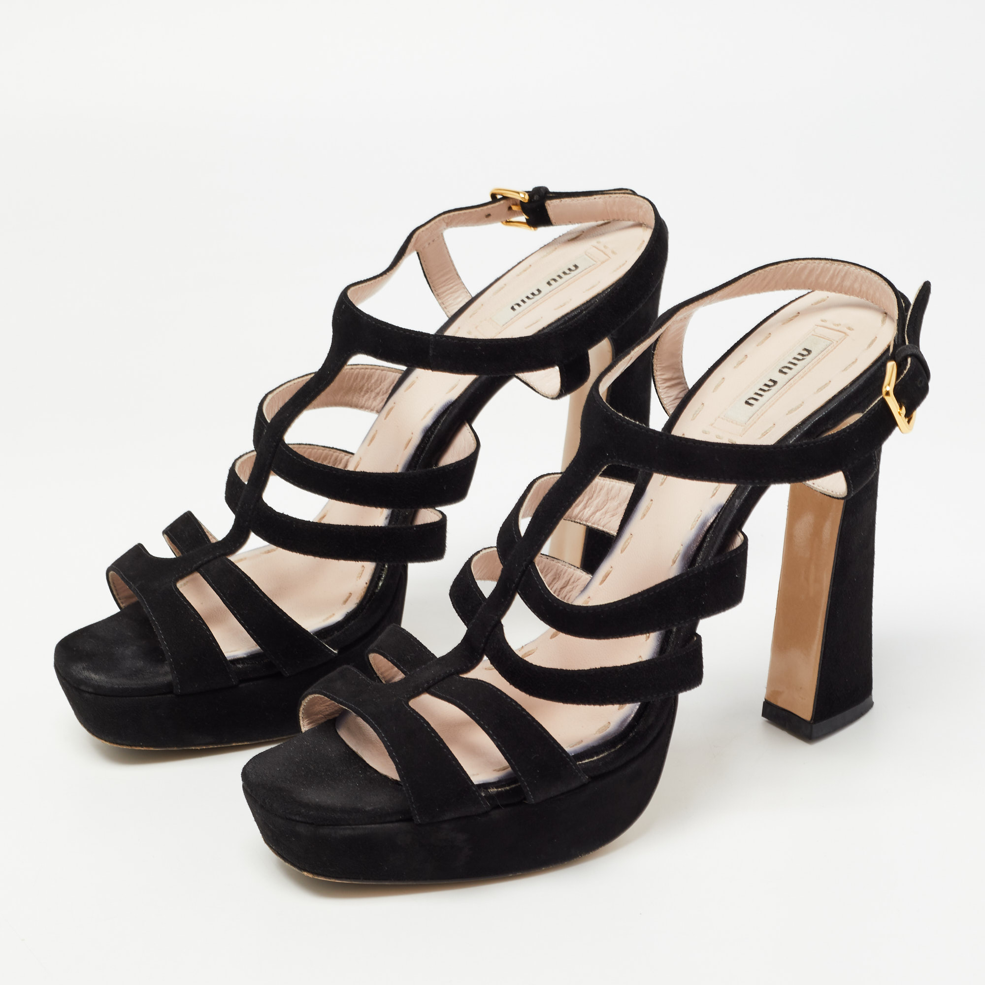 

Miu Miu Black Suede Platform Strappy Sandals Size