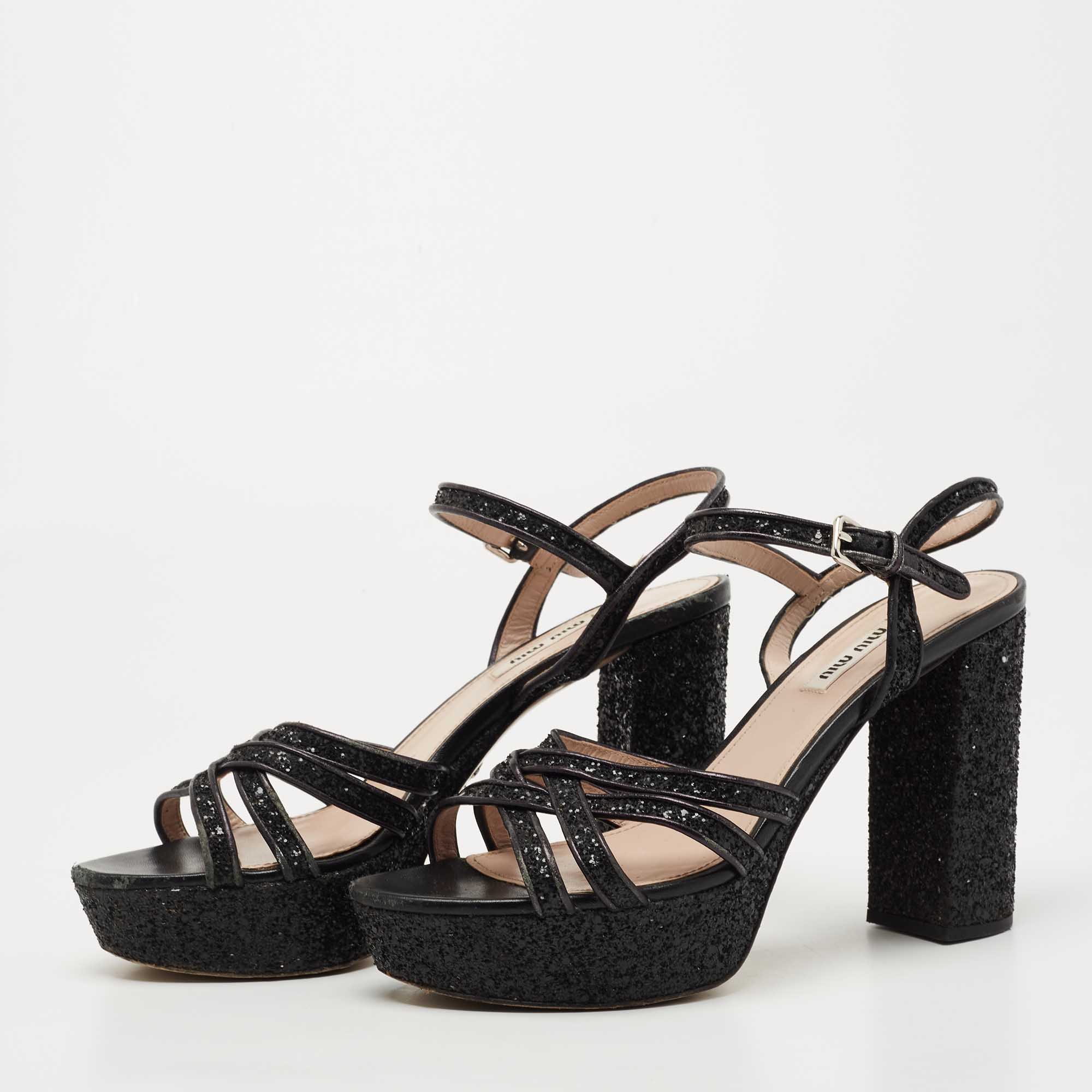 

Miu Miu Black Coarse Glitter Platform Ankle Strap Sandals Size