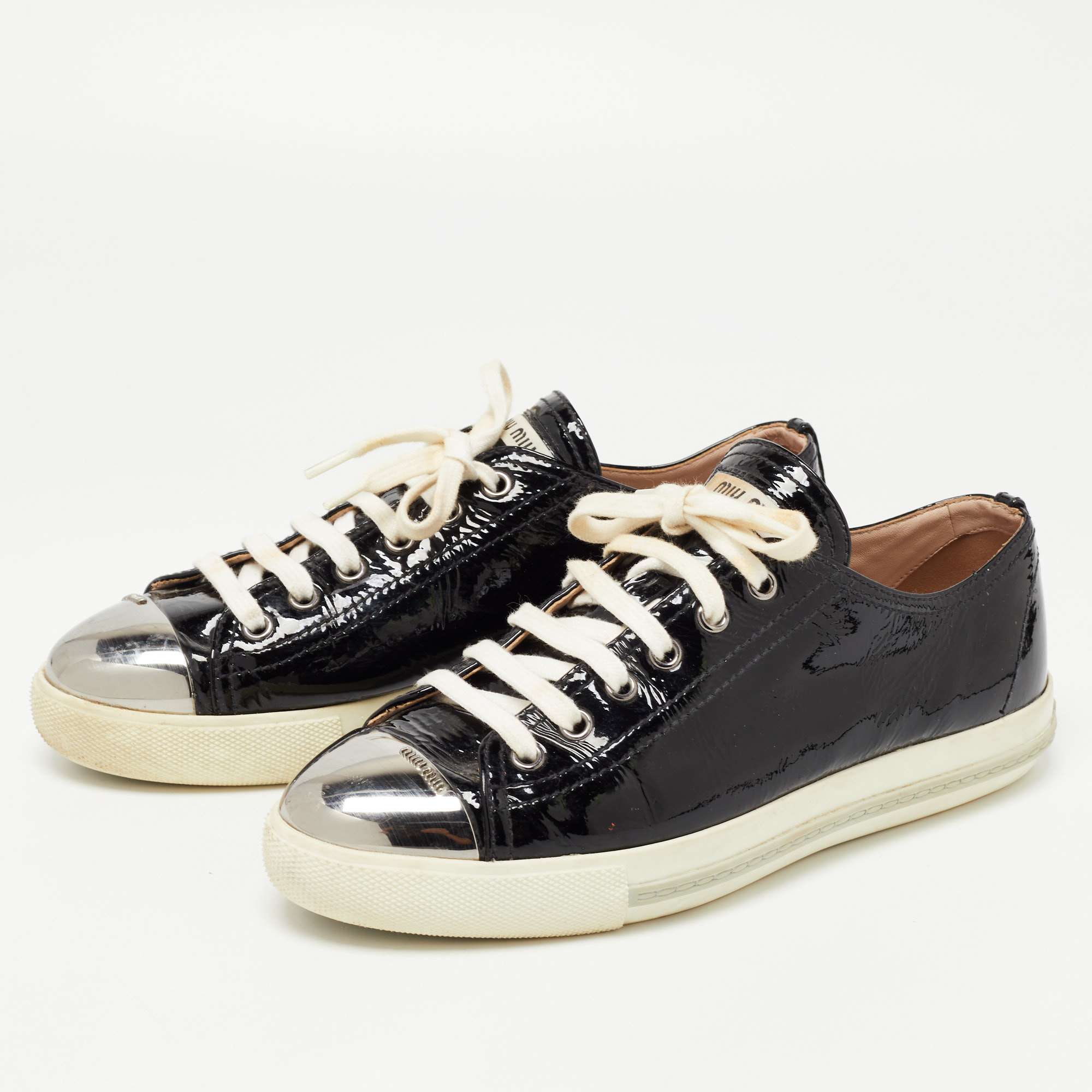 

Miu Miu Black Patent Leather Metal Cap Toe Low Top Sneakers Size