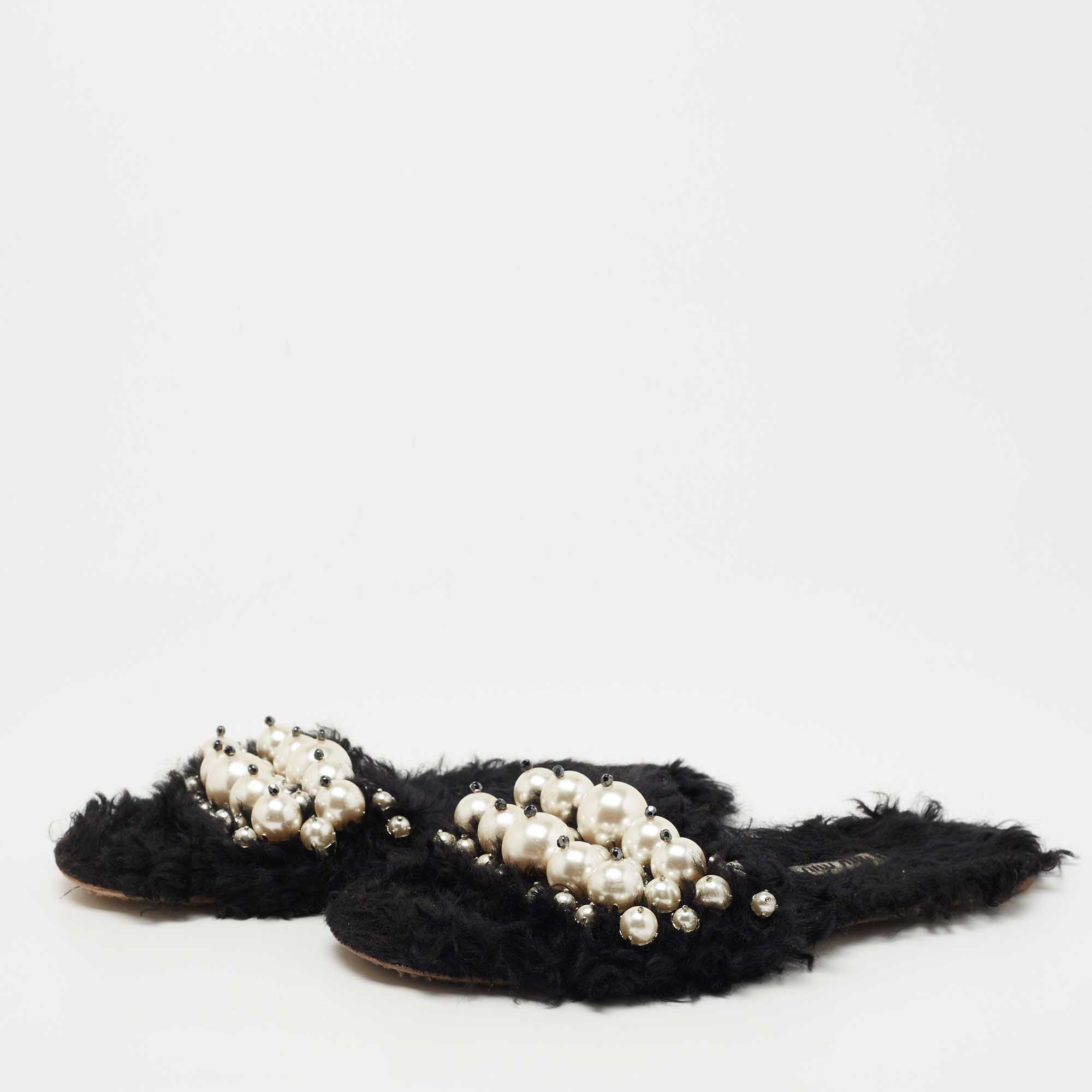 

Miu Miu Black Fur Pearl Embellished Flat Slides Size