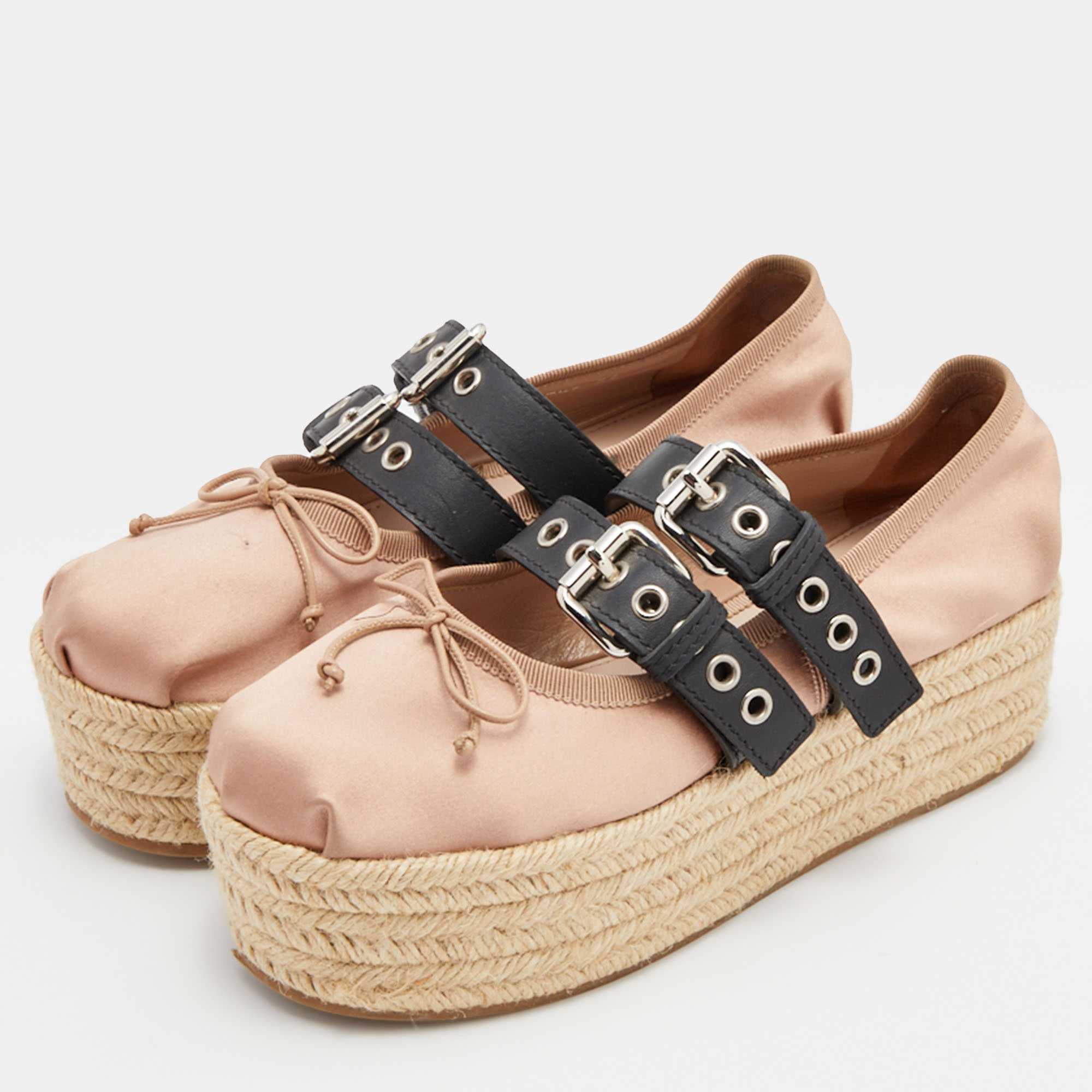 

Miu Miu Beige/Black Satin and Leather Ballet Espadrille Platform Flats Size