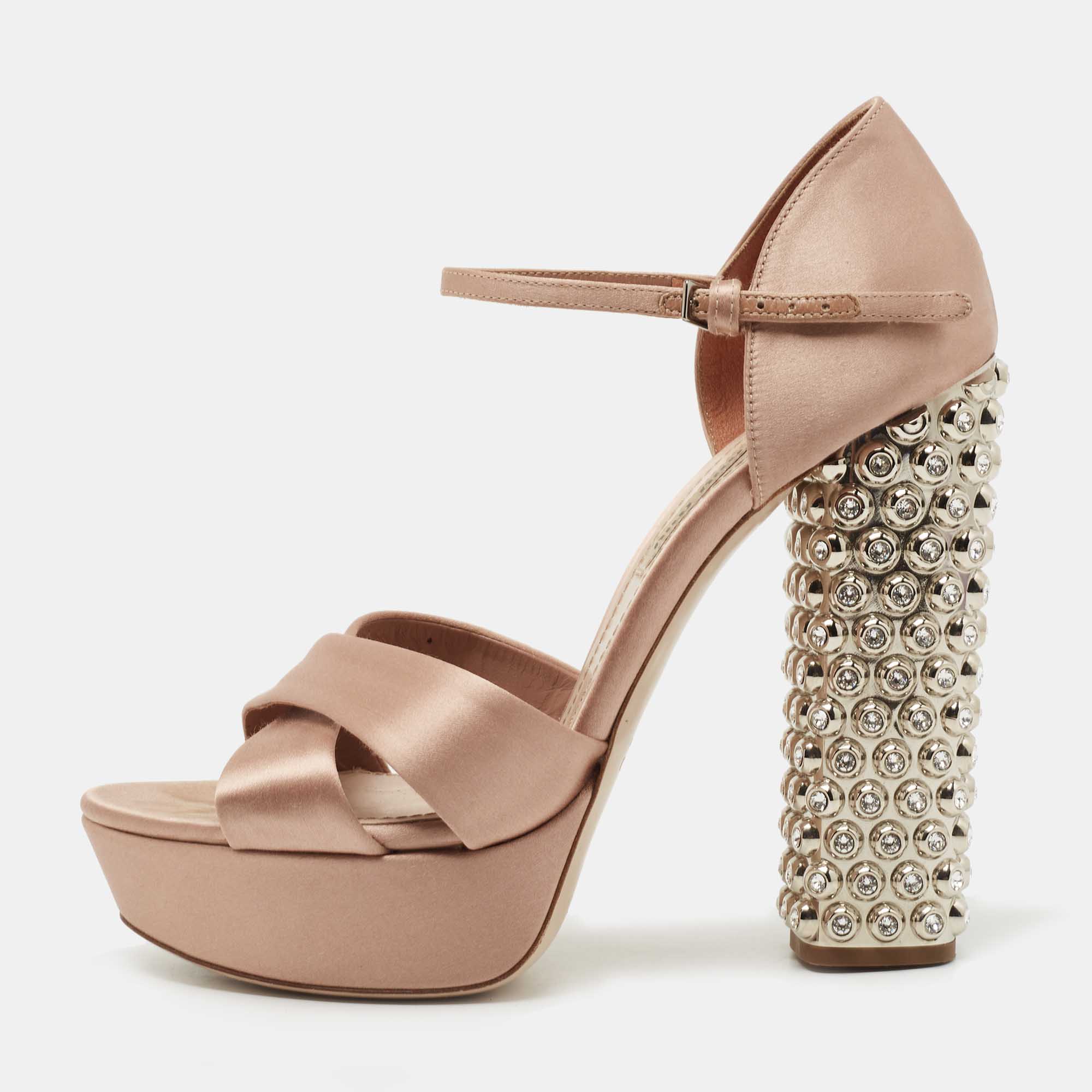 Pre Owned Miu Miu Pink Satin Crystal Embellished Platform Ankle Strap Sandals Size 38