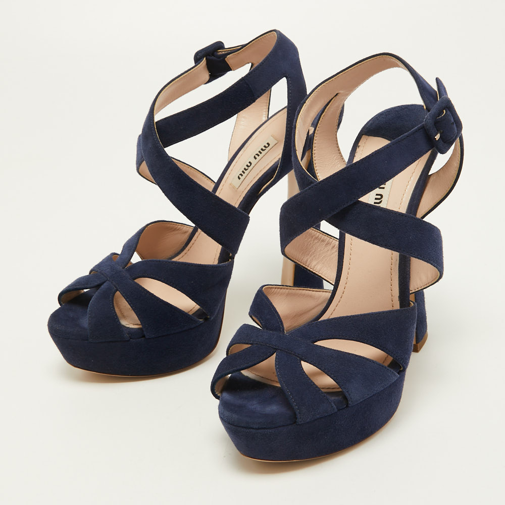 

Miu Miu Navy Blue Suede Strappy Platform Sandals Size