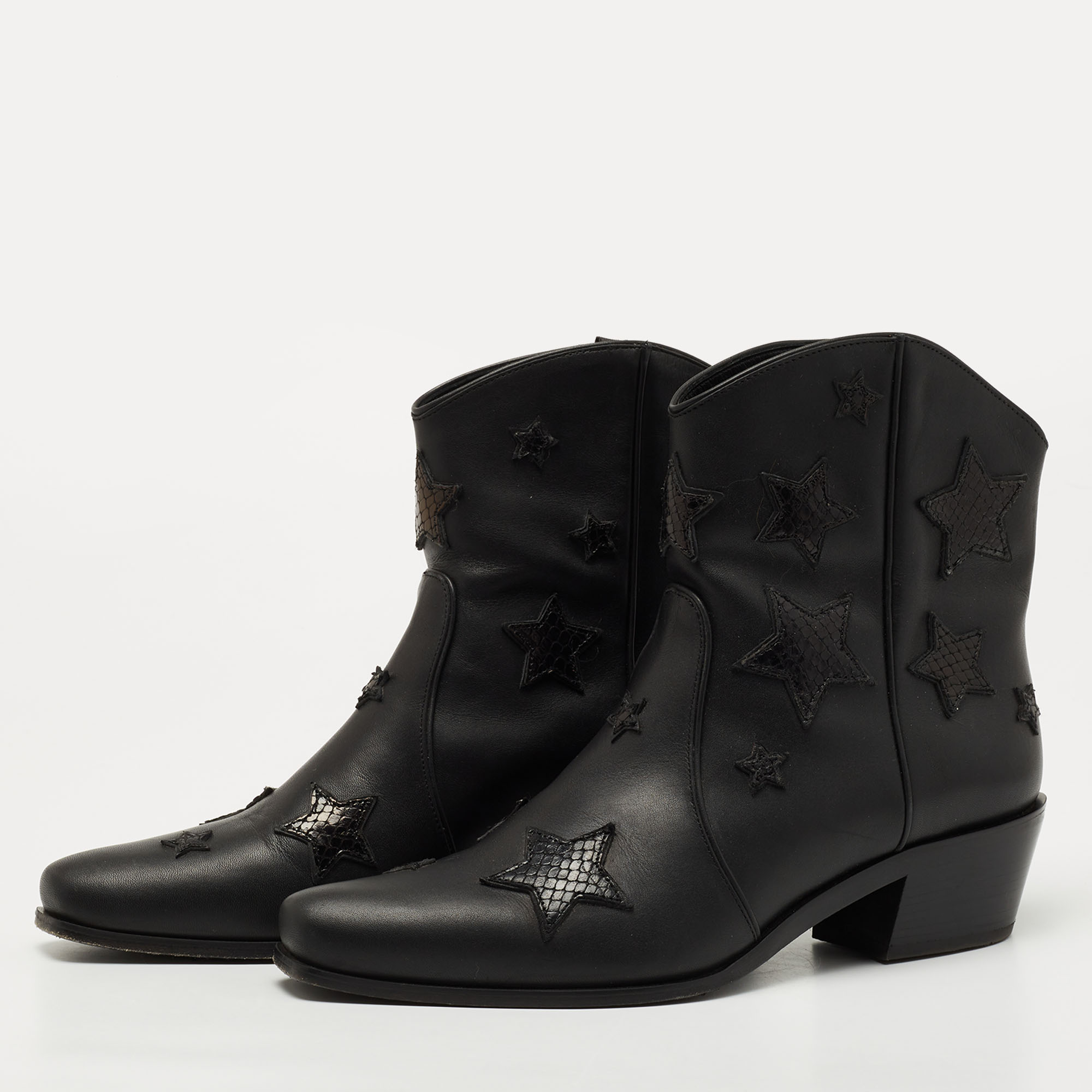 

Miu Miu Black Leather and Embossed Snakeskin Star Cowgirl Boots Size