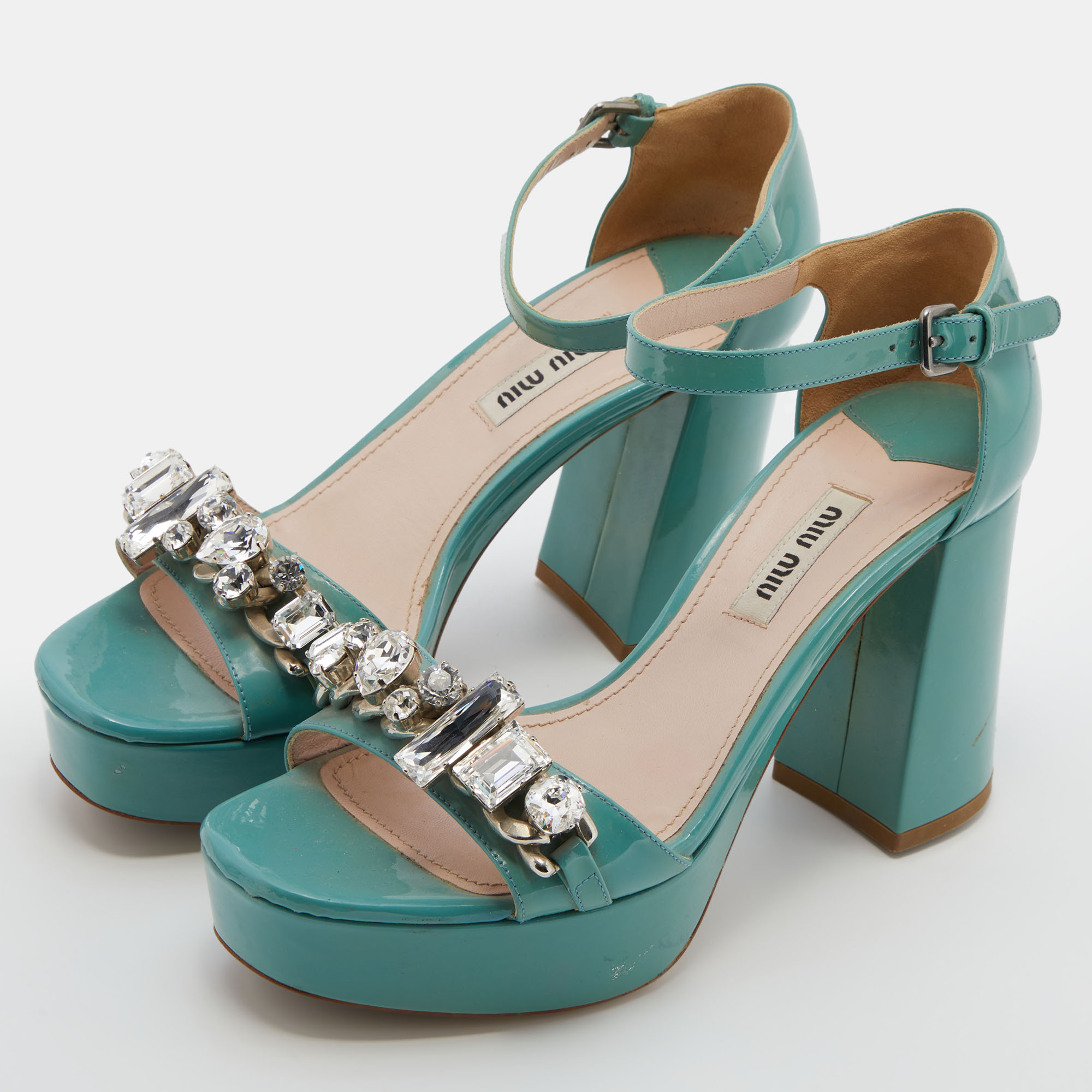 

Miu Miu Mint Green Patent Leather Crystal Embellished Platform Ankle Strap Sandals Size